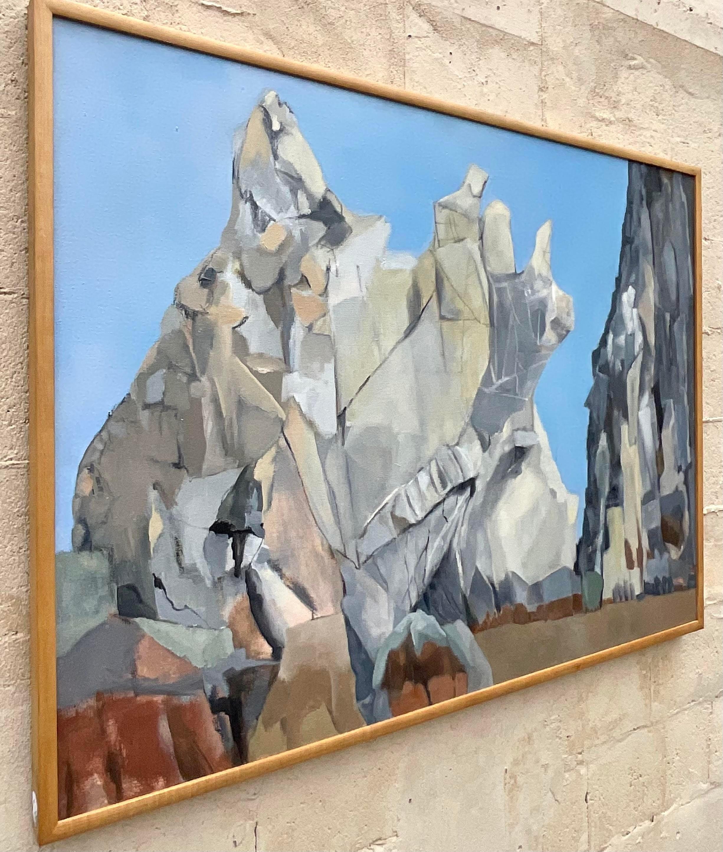 Vintage Boho Modernist Landschaft Öl auf Leinwand Gemälde (amerikanisch) im Angebot