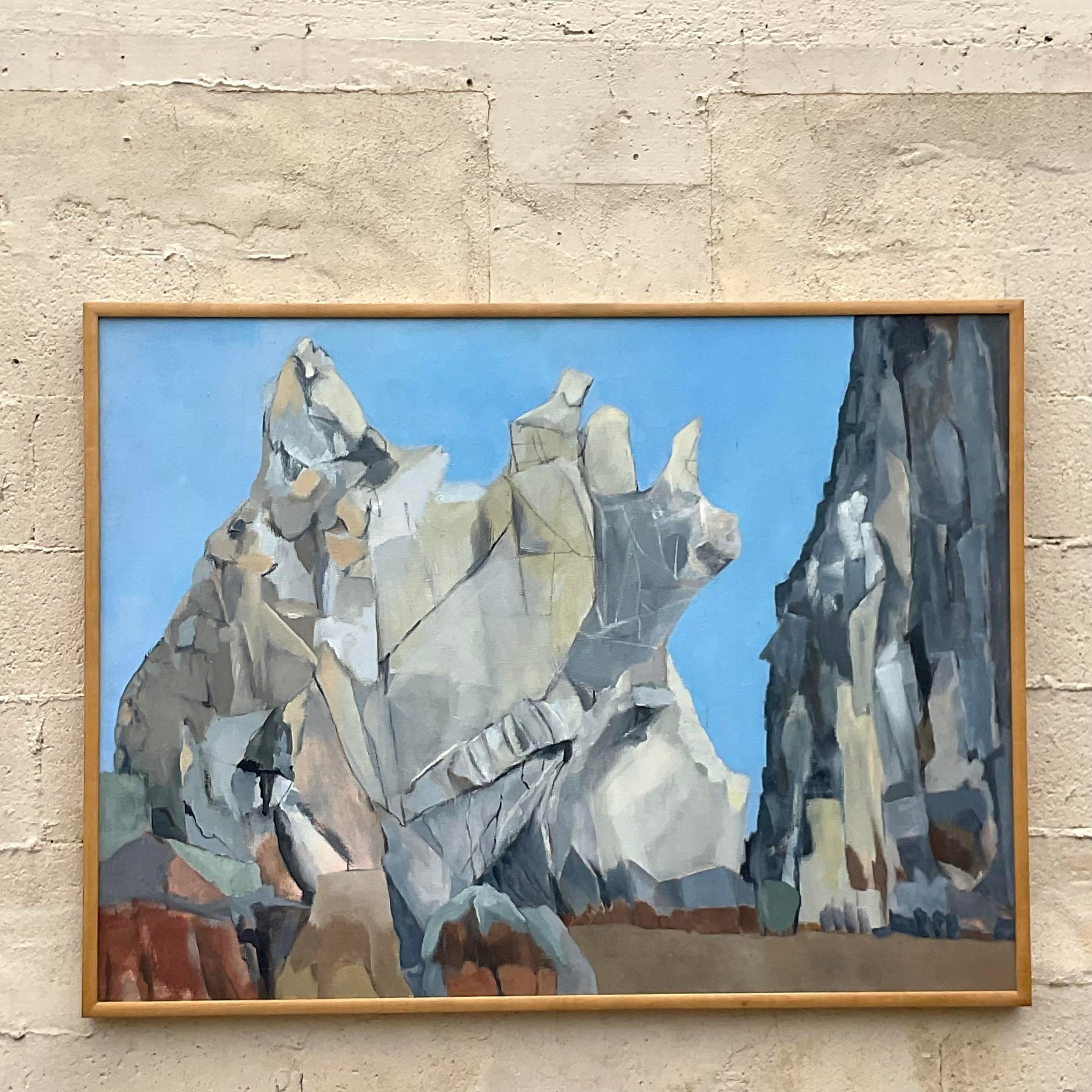 Vintage Boho Modernist Landschaft Öl auf Leinwand Gemälde (20. Jahrhundert) im Angebot