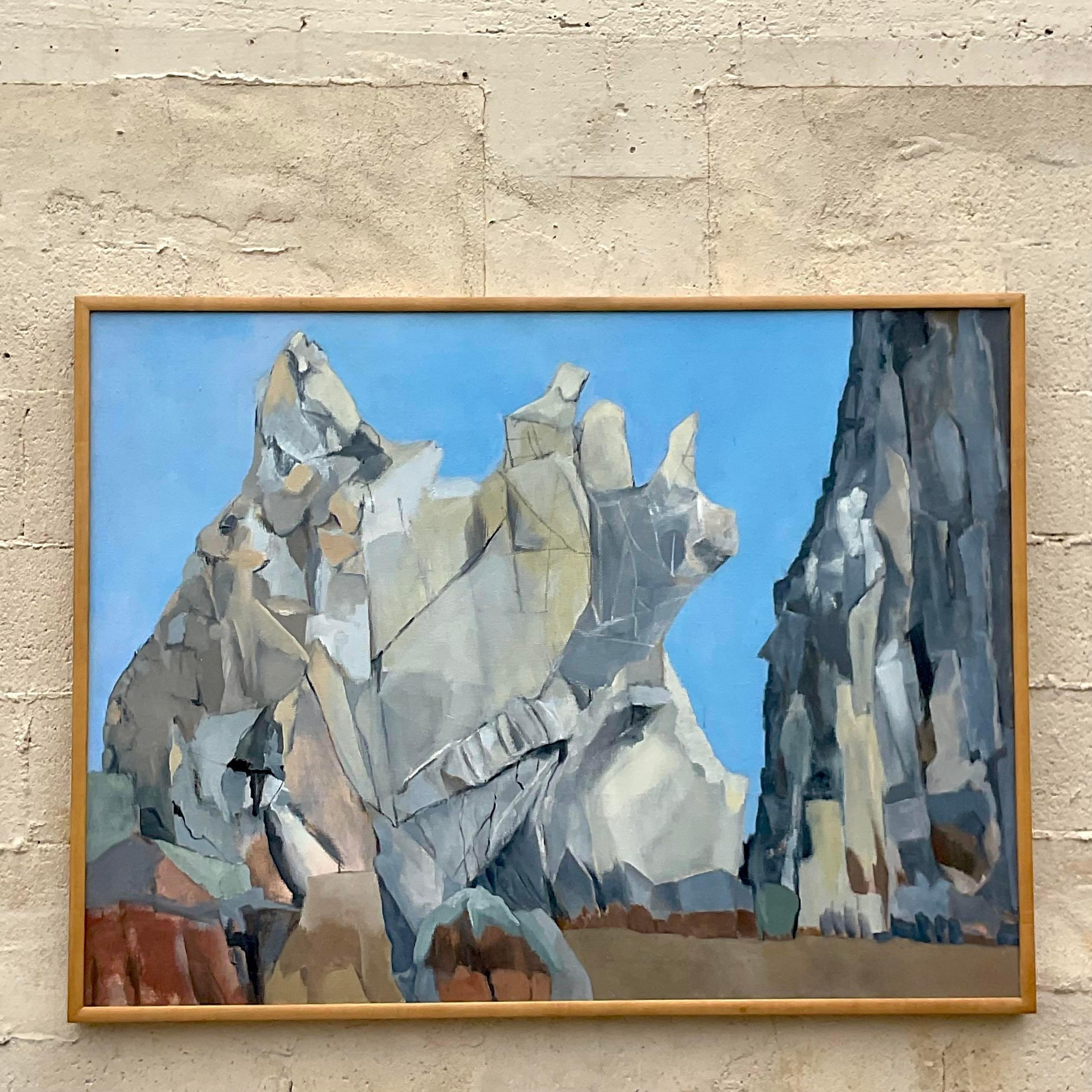 Vintage Boho Modernist Landschaft Öl auf Leinwand Gemälde im Angebot 1