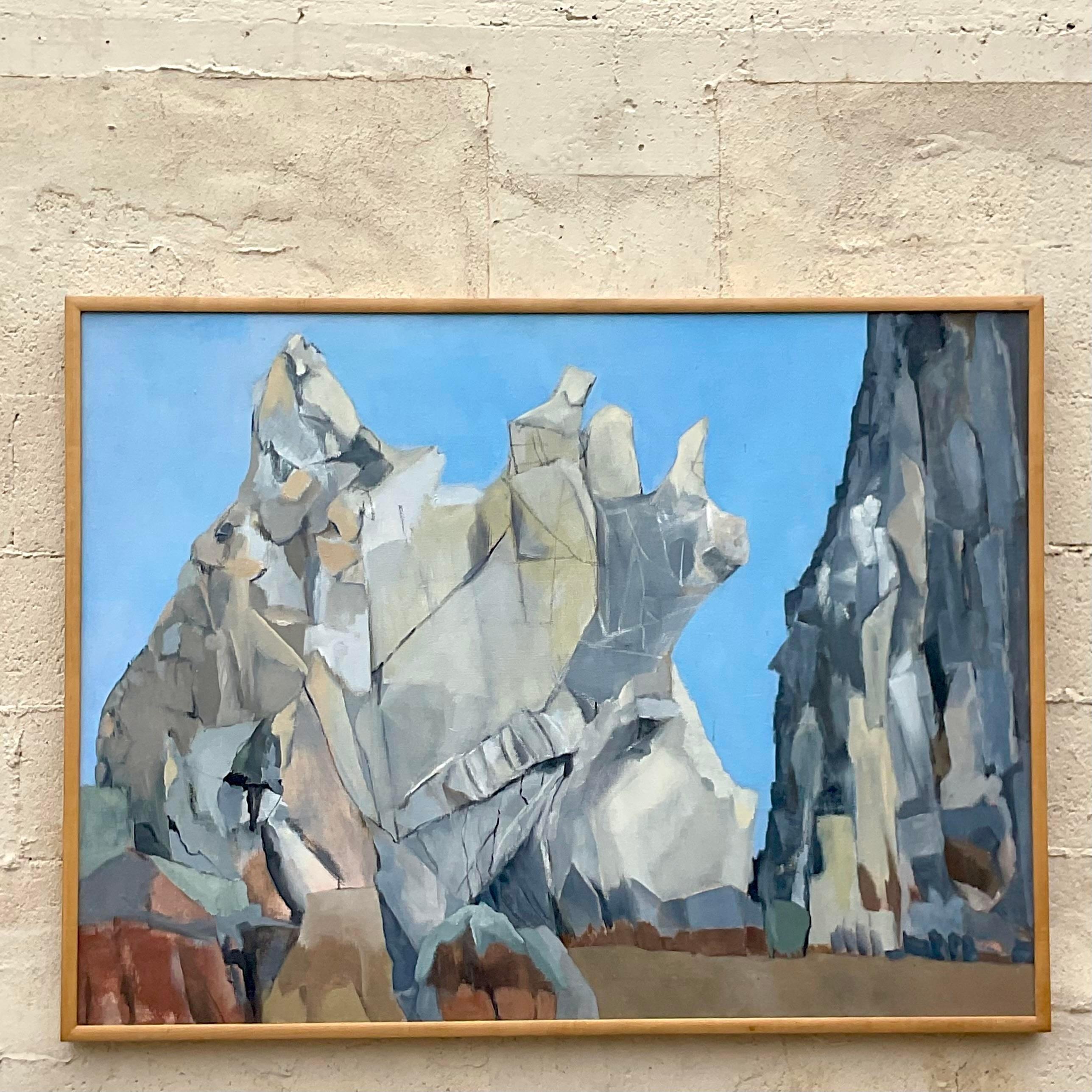 Vintage Boho Modernist Landschaft Öl auf Leinwand Gemälde im Angebot 2