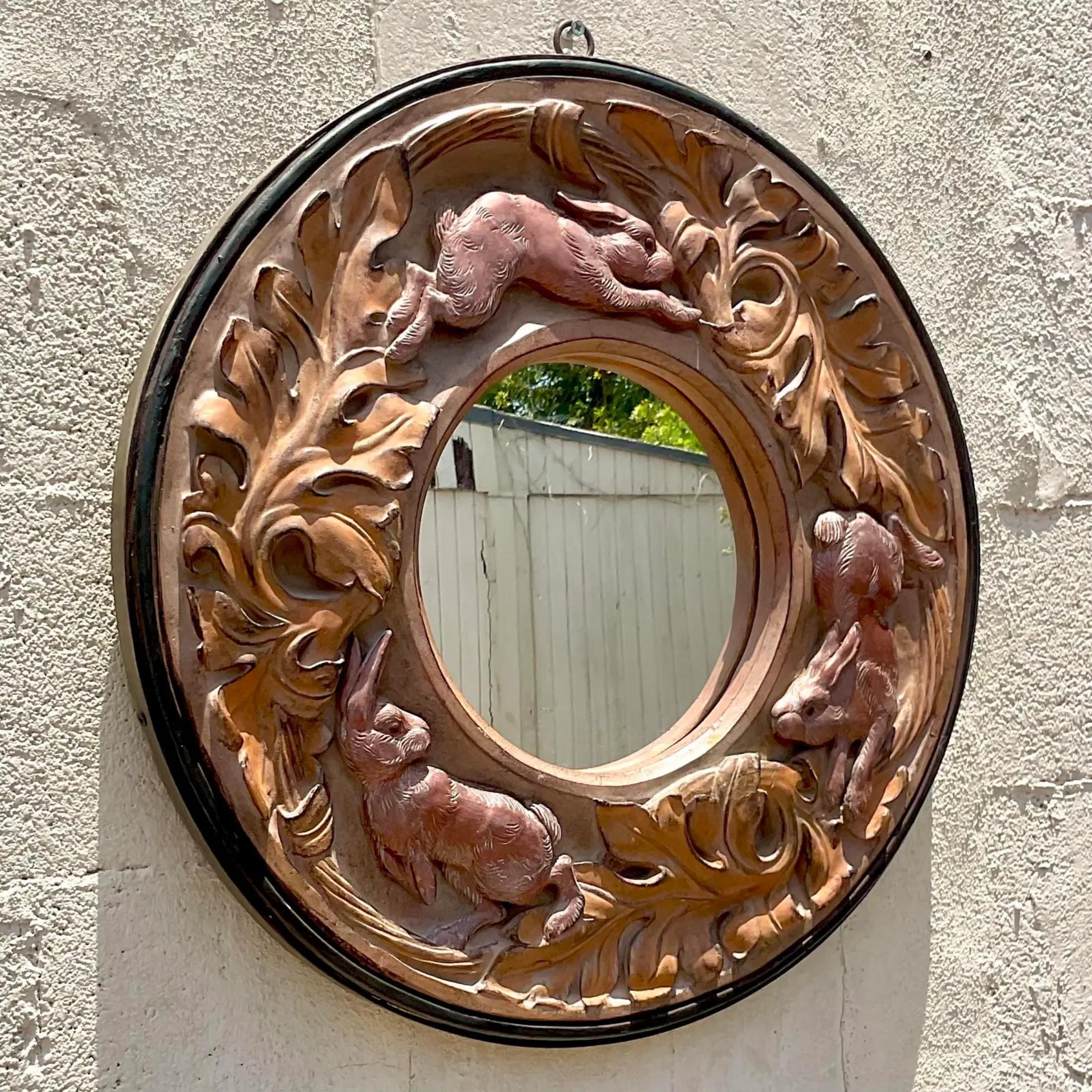 Vintage Boho Molded Resin Rabbit Mirror In Good Condition In West Palm Beach, FL