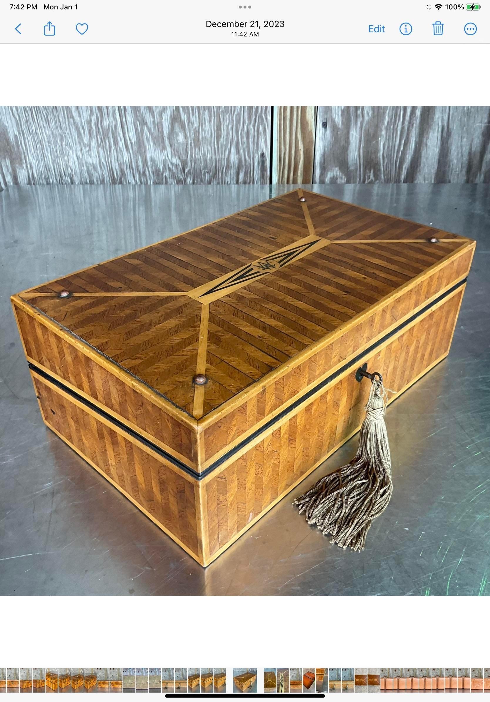 Vintage Boho Monogrammed Marquetry Wooden Box For Sale 4