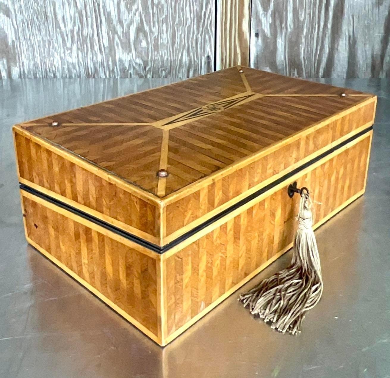 Silk Vintage Boho Monogrammed Marquetry Wooden Box For Sale