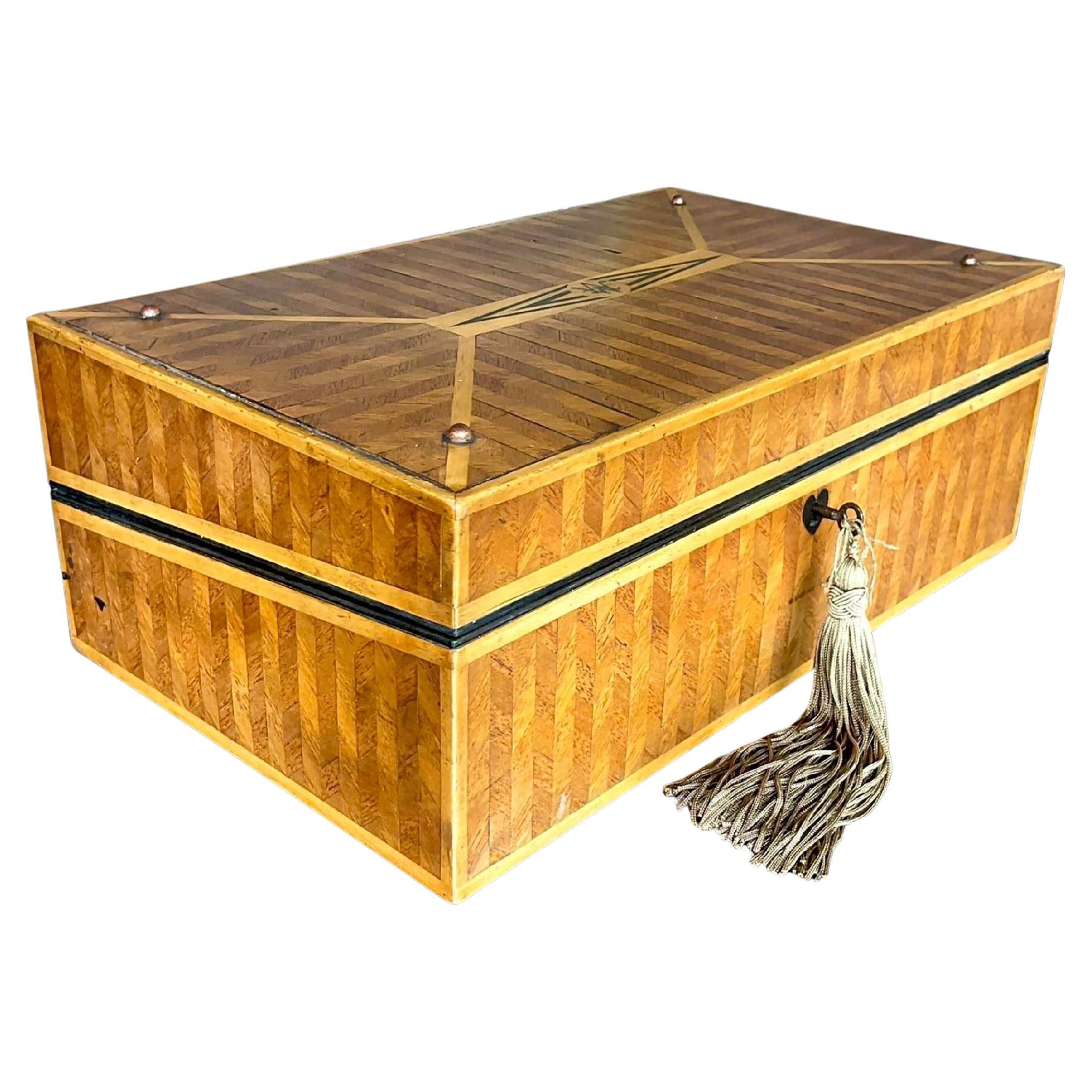 Vintage Boho Monogrammed Marquetry Wooden Box For Sale