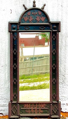 Miroir monumental bohème vintage Tramp Art de 1902