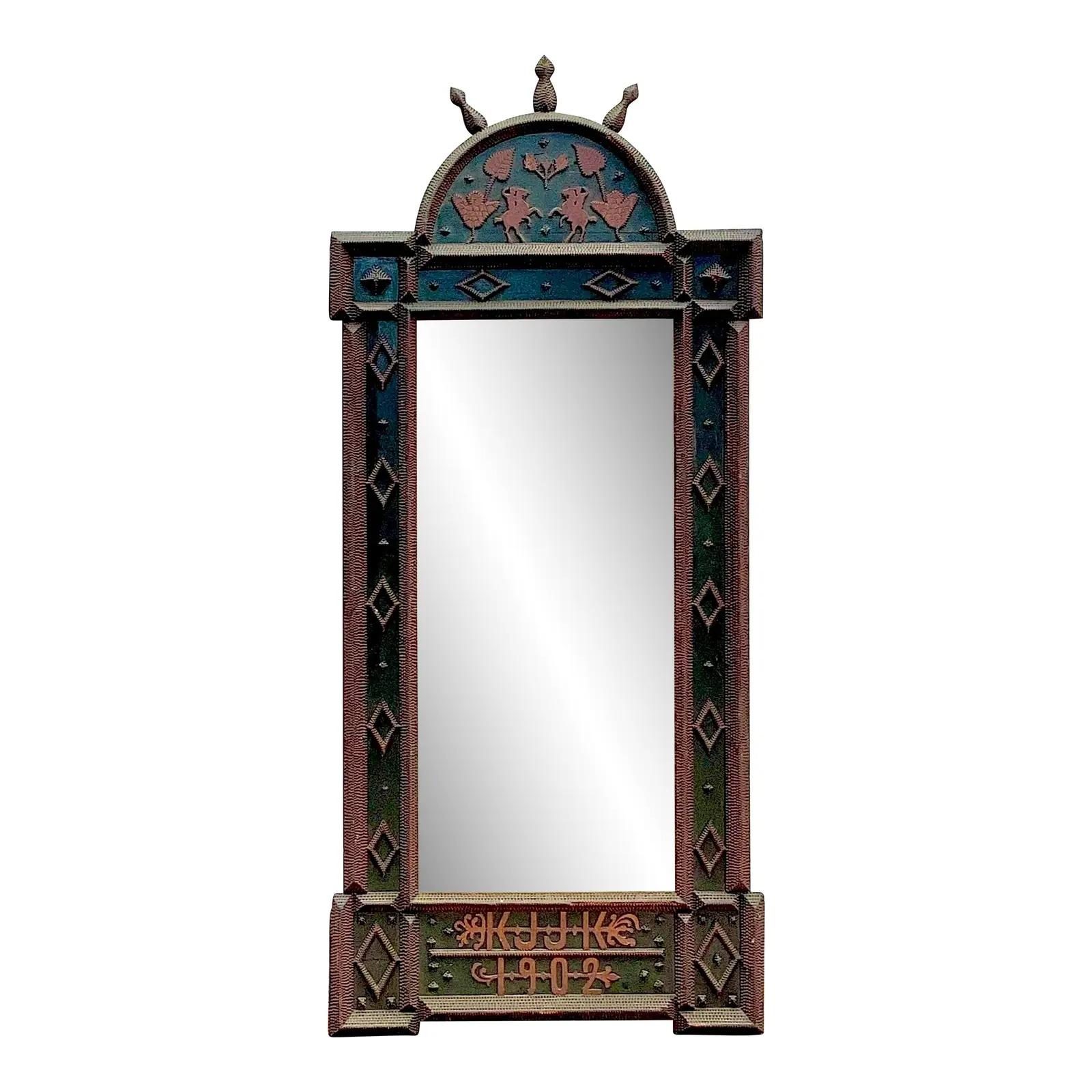 North American Vintage Boho Monumental 1902 Tramp Art Mirror