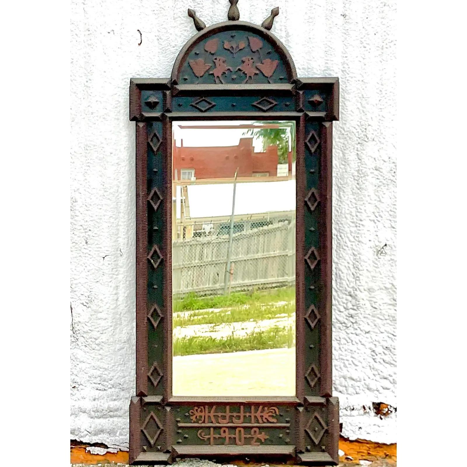 Early 20th Century Vintage Boho Monumental 1902 Tramp Art Mirror