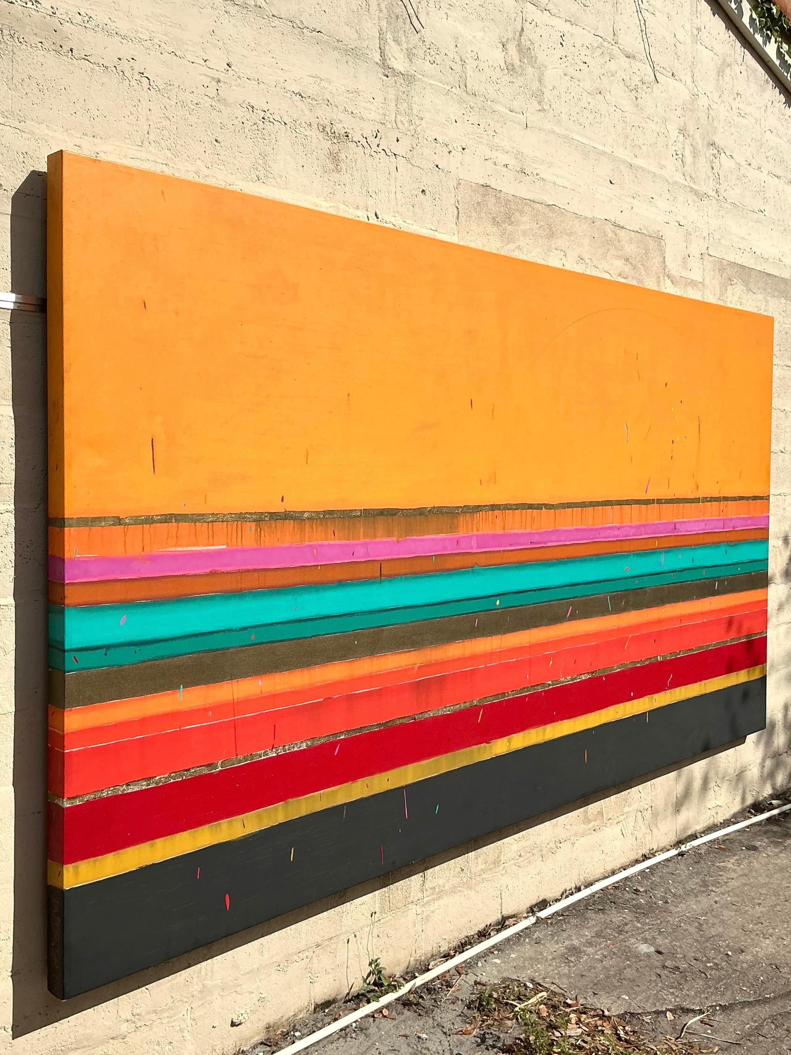 20ième siècle Boho Monumental 1988 - Peinture à l'huile abstraite graphique originale sur toile en vente