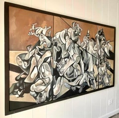 Vintage Boho Monumental Abstracto Figurativo Pintura al óleo sobre tabla