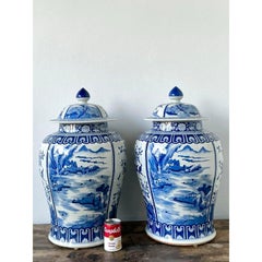 Vintage Boho Monumental Blue and White Lidded Ginger Jars - A Pair