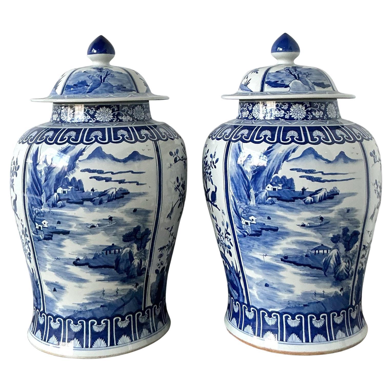 Vintage Boho Monumental Blue and White Lidded Ginger Jars - A Pair