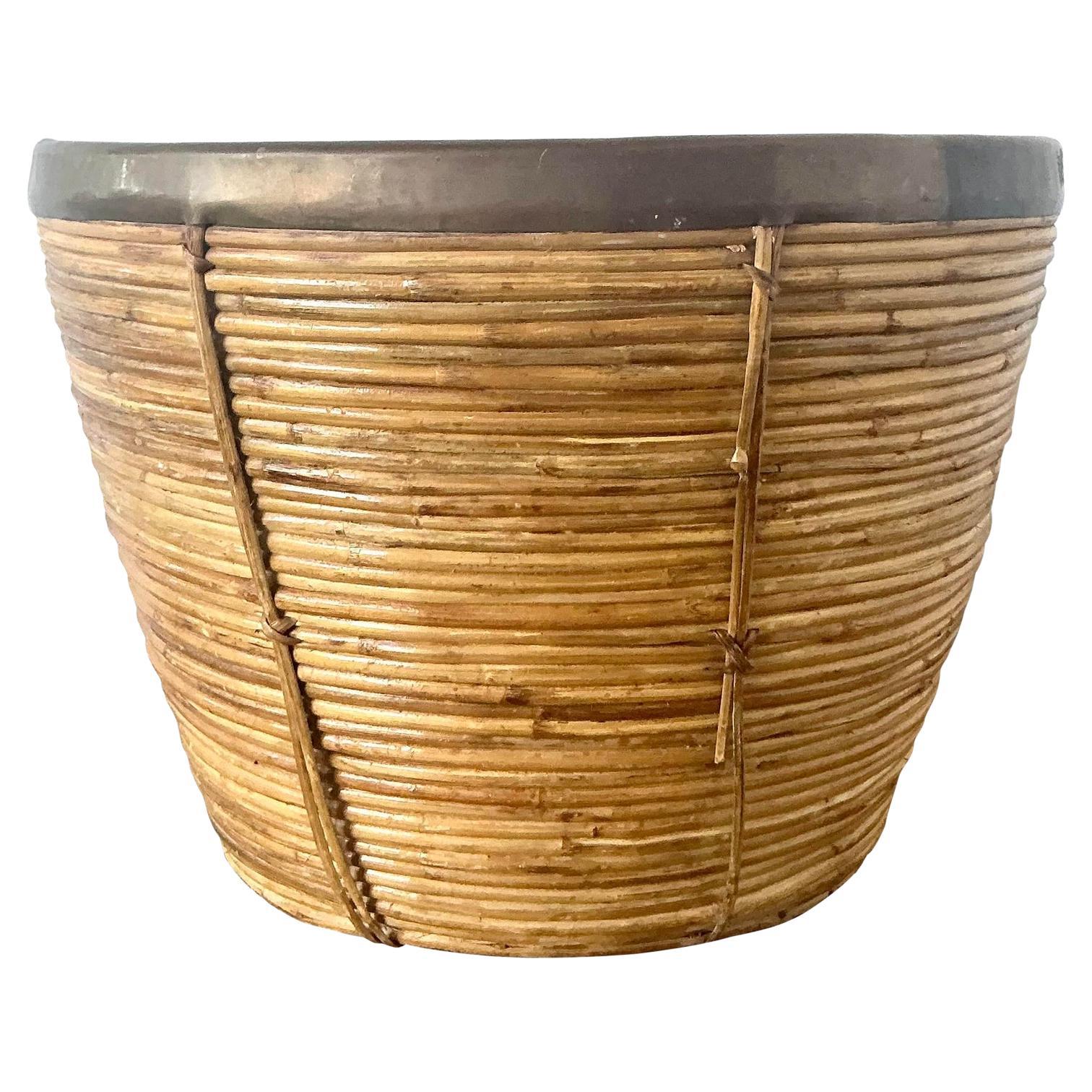 Vintage Boho Monumental Brass Rimmed Pencil Reed Bowl