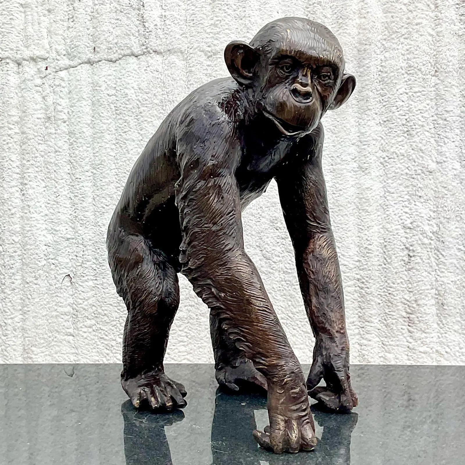 North American Vintage Boho Monumental Bronze Monkey Sculpture