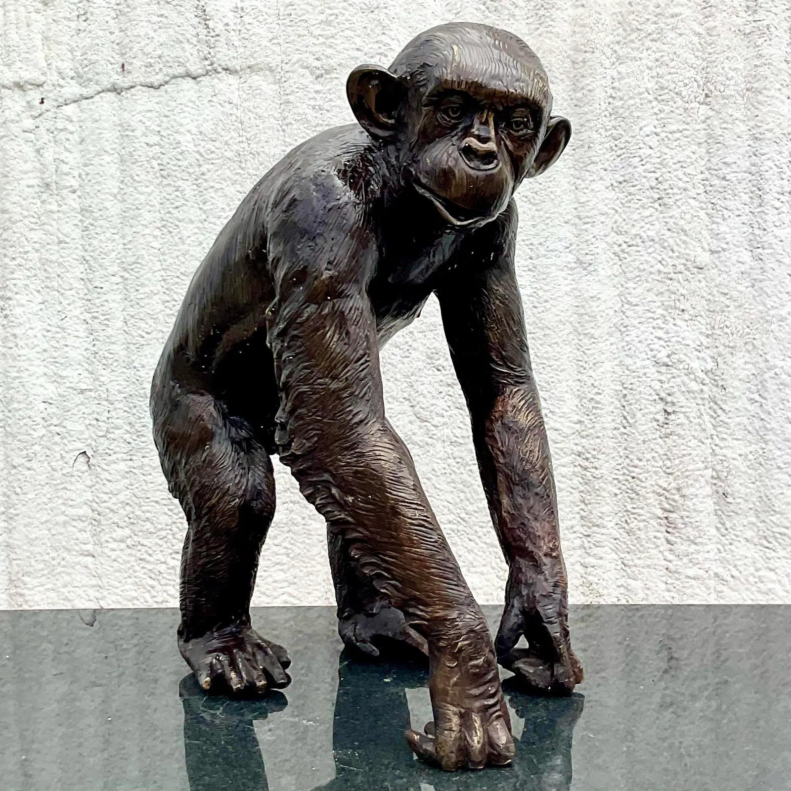 Vintage Boho Monumental Bronze Monkey Sculpture In Good Condition In west palm beach, FL