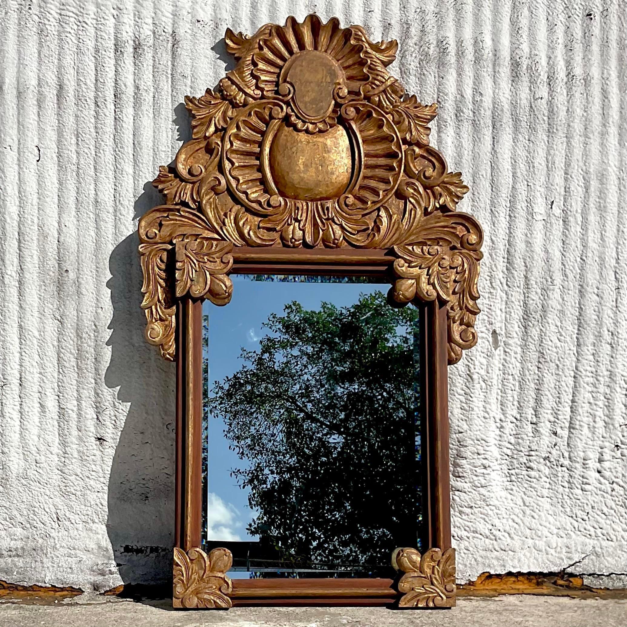 American Vintage Boho Monumental Carved Gilt Mirror For Sale