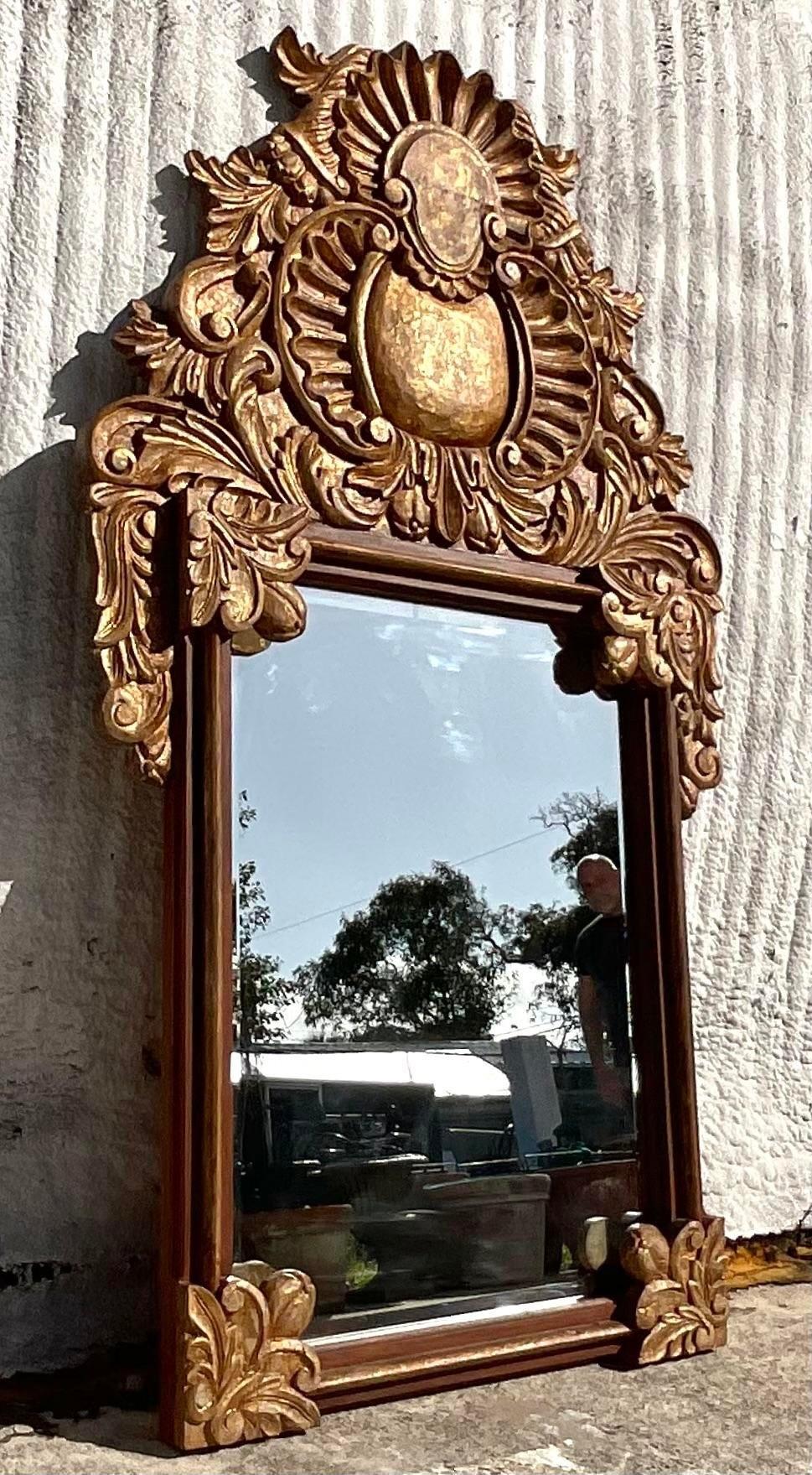 Vintage Boho Monumental Carved Gilt Mirror In Good Condition For Sale In west palm beach, FL