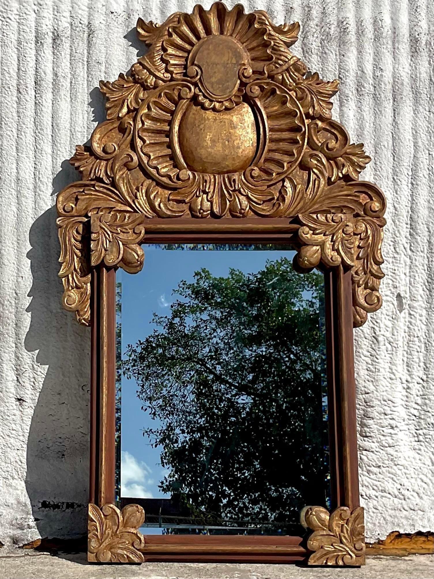 20th Century Vintage Boho Monumental Carved Gilt Mirror For Sale