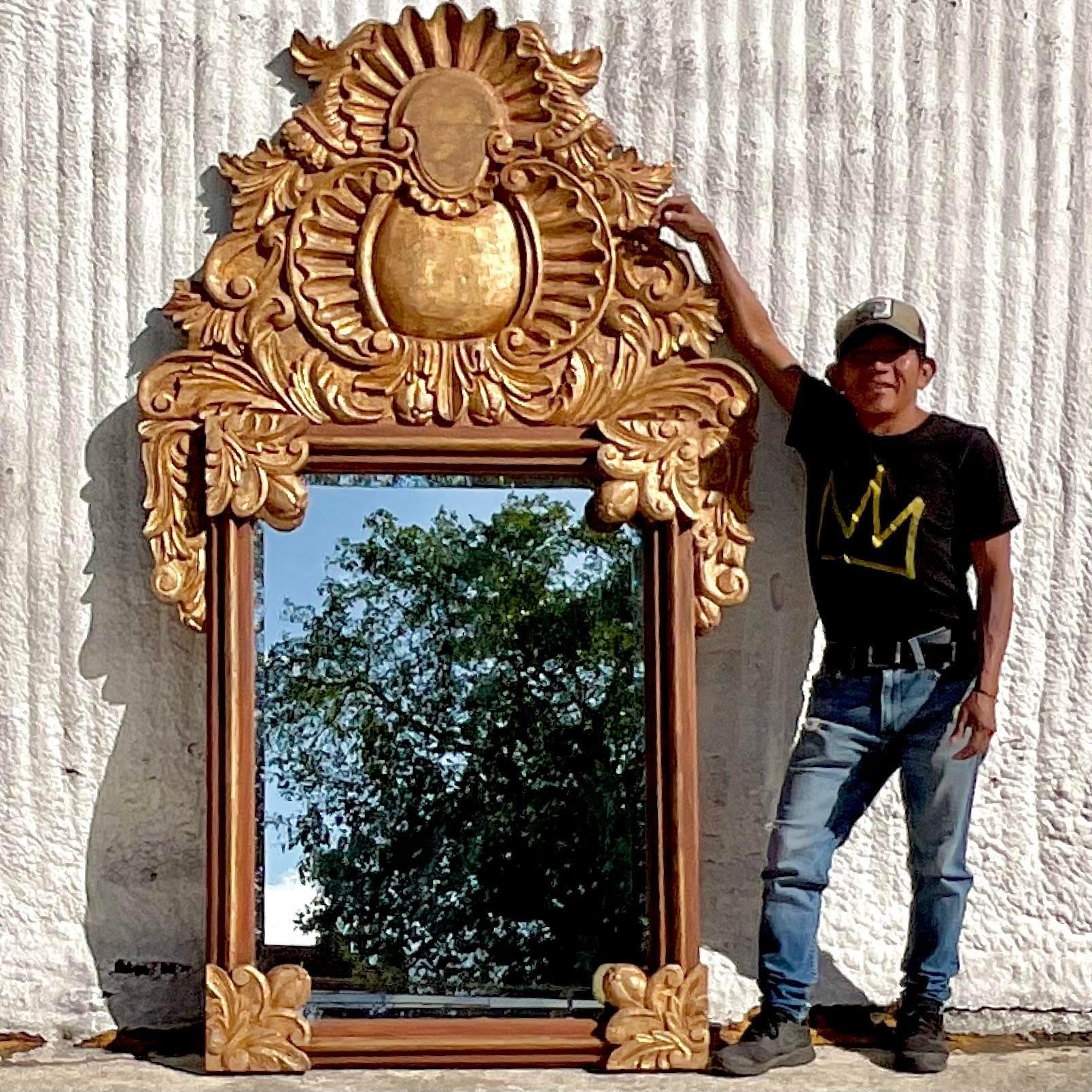 Vintage Boho Monumental Carved Gilt Mirror For Sale 1