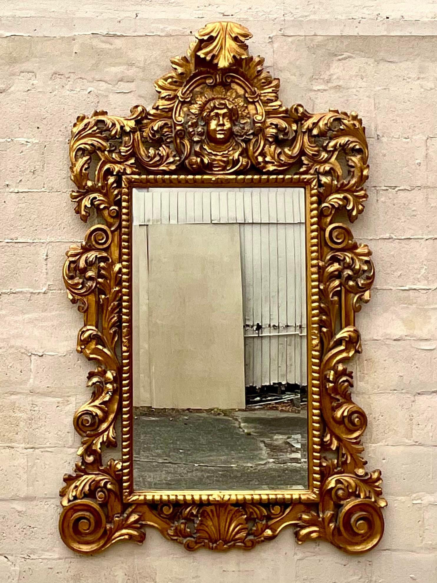 XX secolo Specchio monumentale d'epoca Boho intagliato e dorato in vendita