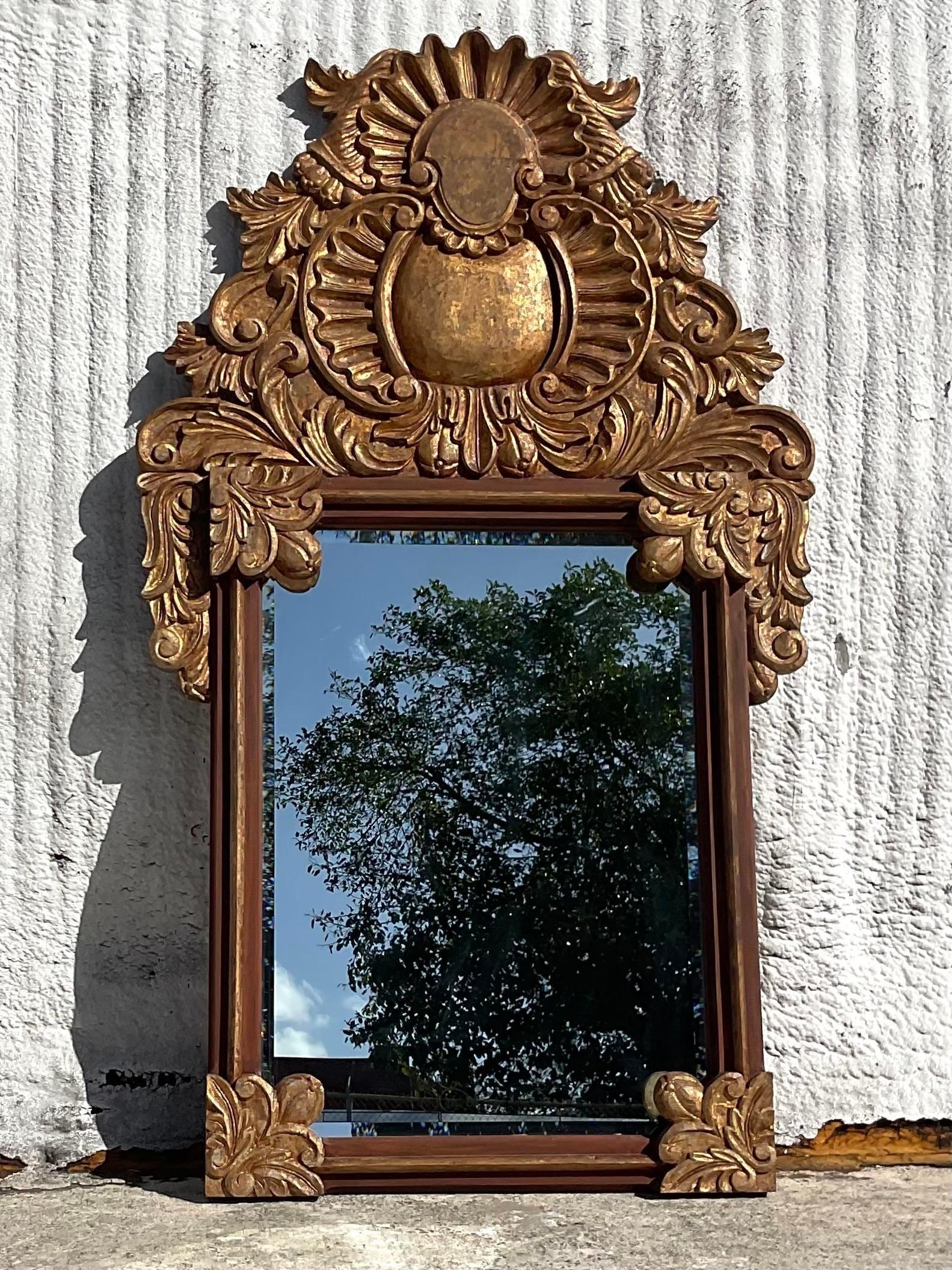 Vintage Boho Monumental Carved Gilt Mirror For Sale 2