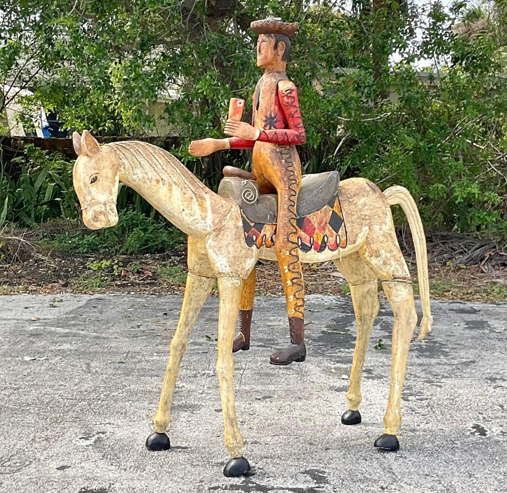 Rustic Vintage Boho Monumental Carved Horse and Rider