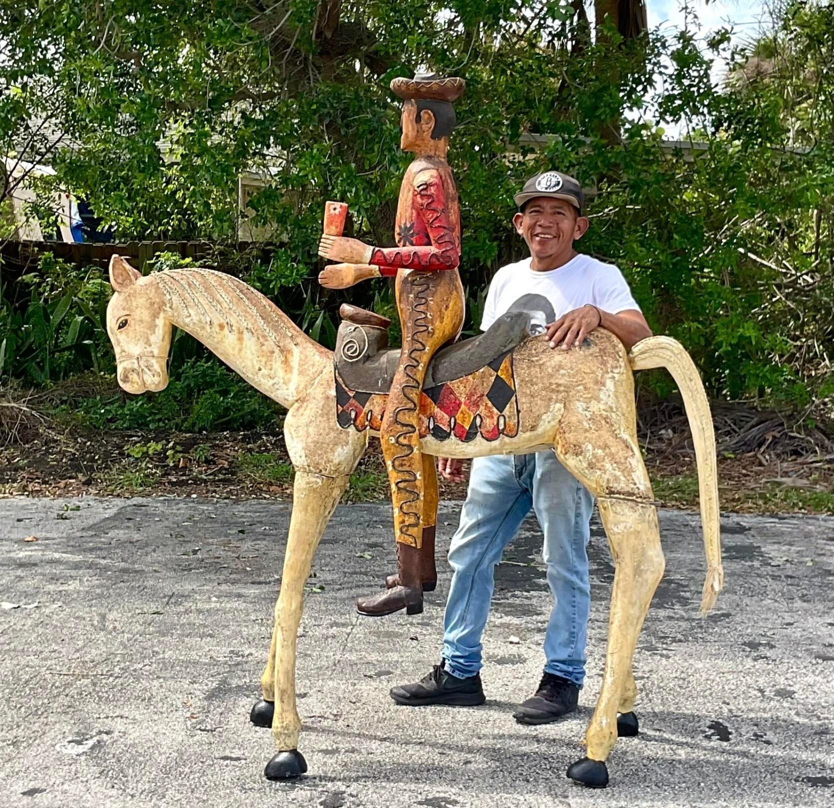 Mexican Vintage Boho Monumental Carved Horse and Rider