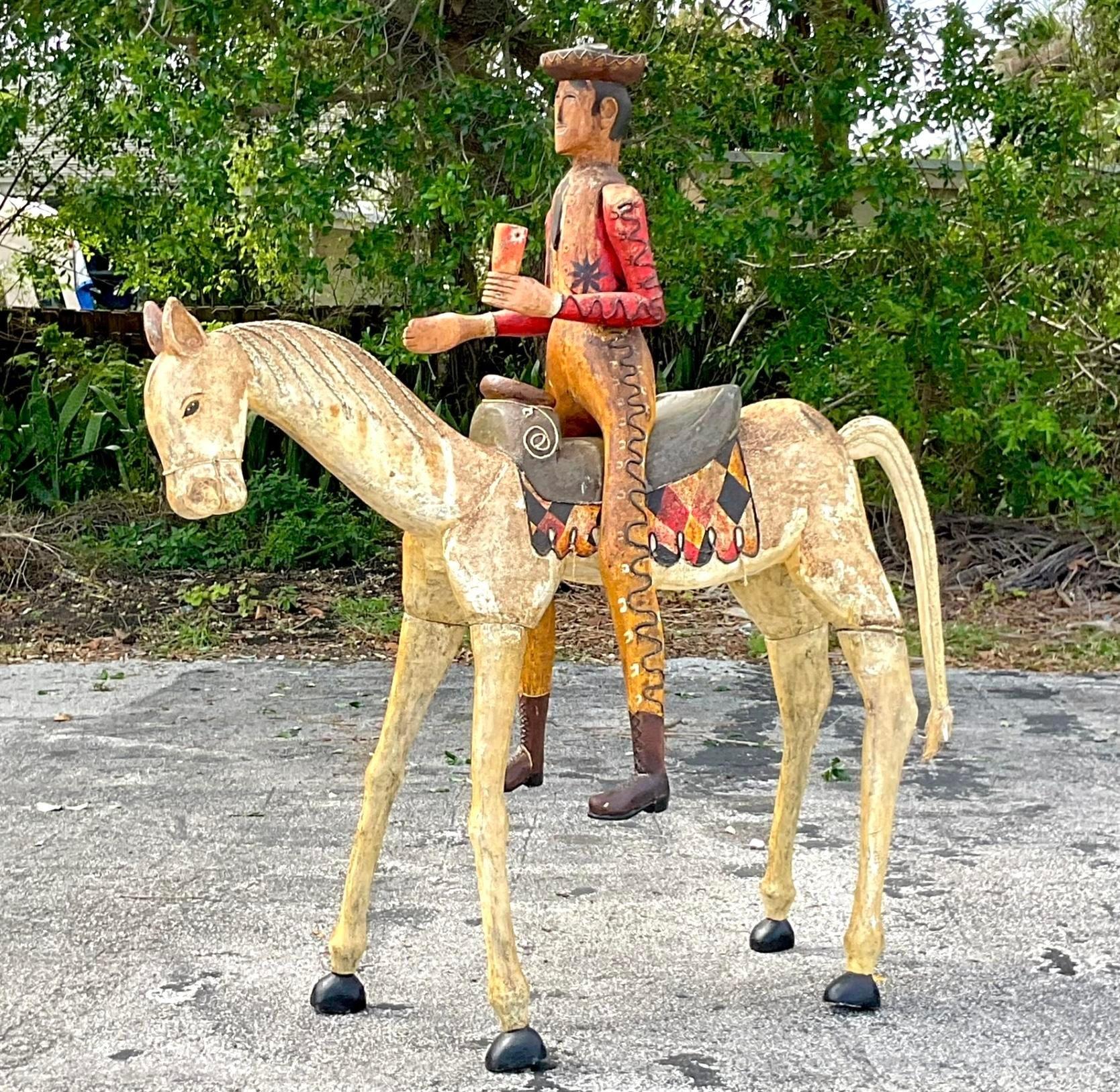 Vintage Boho Monumental Carved Horse and Rider In Good Condition In west palm beach, FL