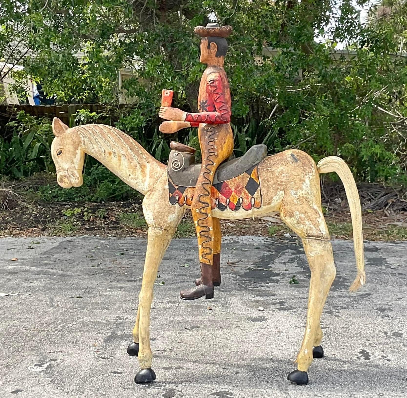 20th Century Vintage Boho Monumental Carved Horse and Rider