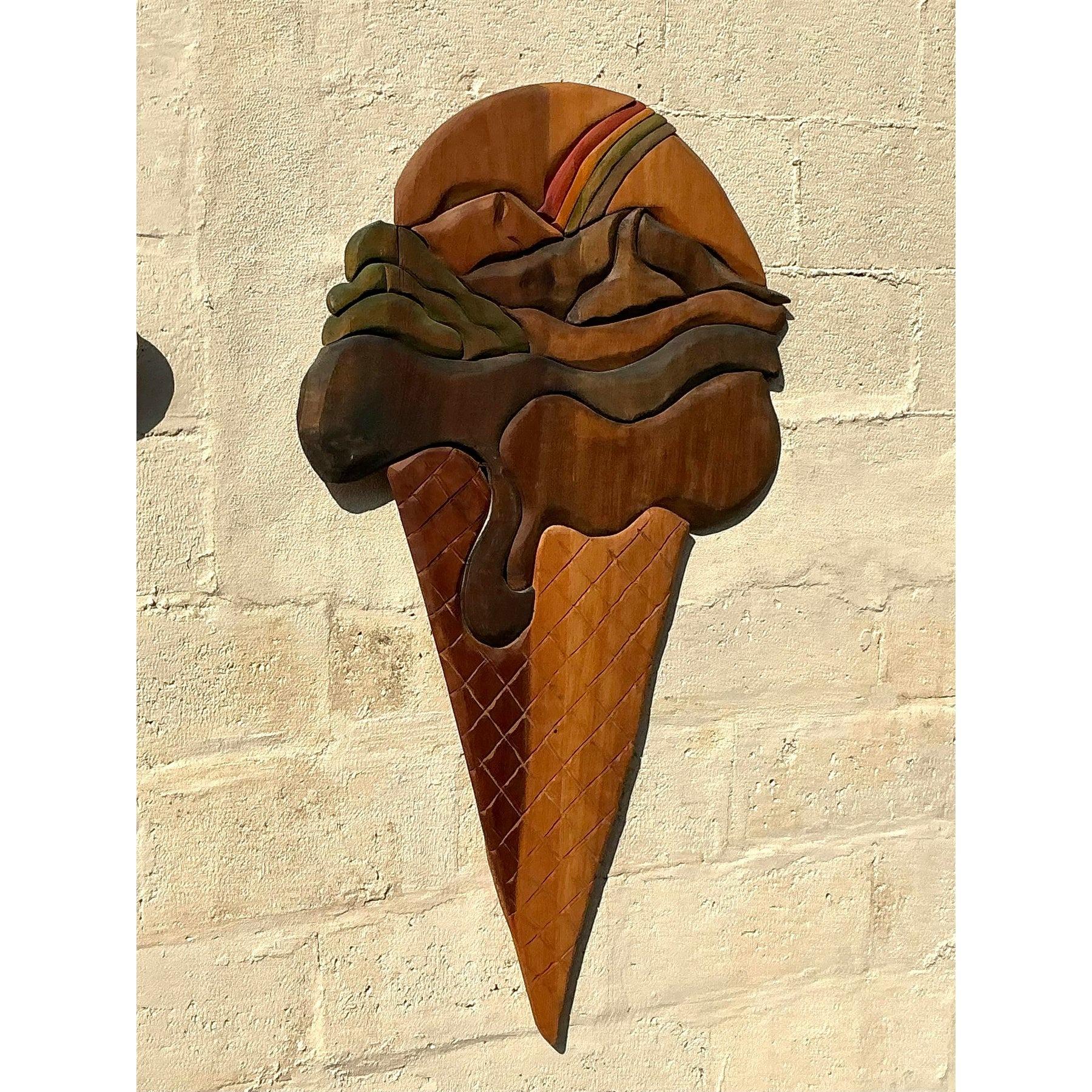 Vintage Boho Monumental geschnitzt Ice Cream Cone Wand-Skulptur im Angebot 4