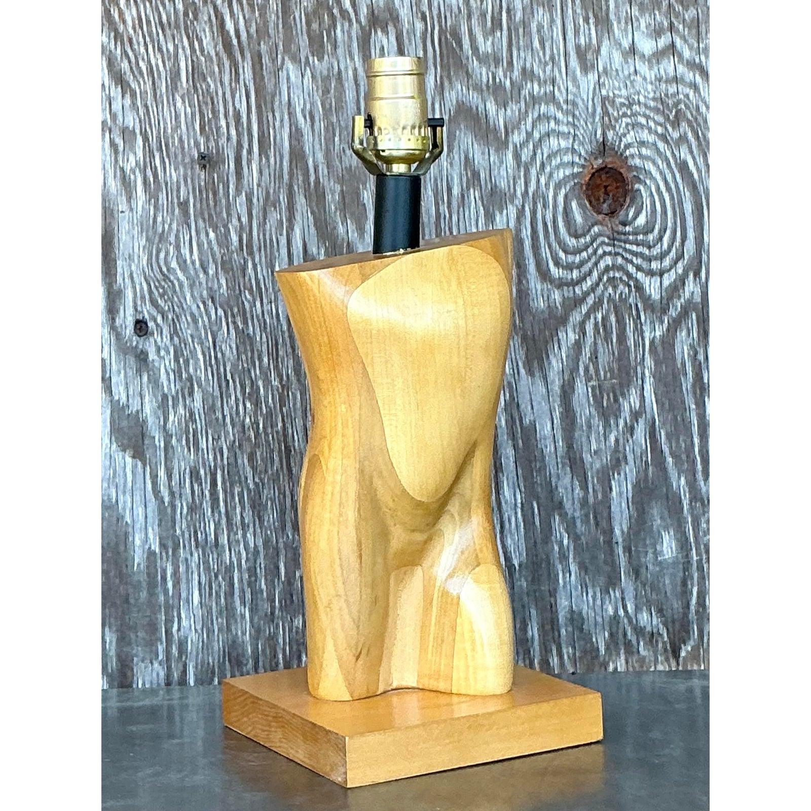 Vintage Boho Monumental Carved Male Torso Lamp For Sale 3