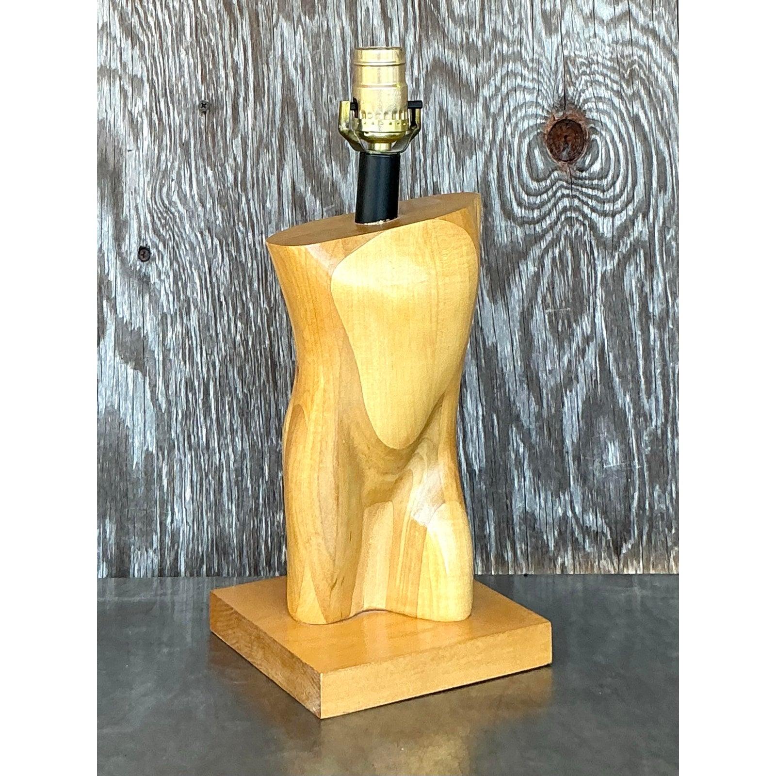 American Vintage Boho Monumental Carved Male Torso Lamp For Sale
