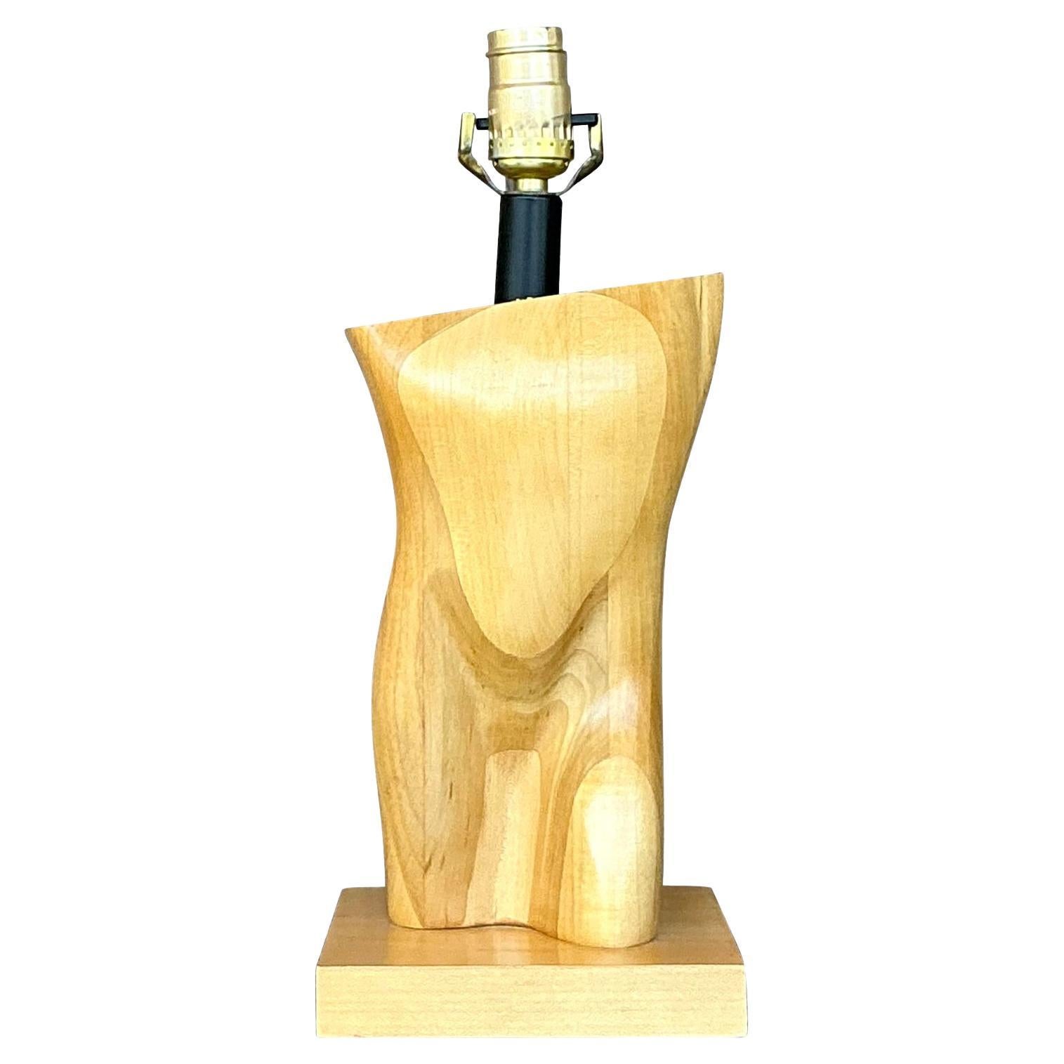 Vintage Boho Monumental Carved Male Torso Lamp