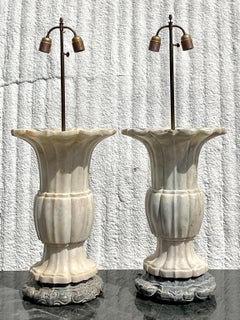 Vintage Boho Monumental Carved Marble Urn Lamps, a Pair