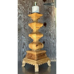 Vintage Boho Monumental Carved Pillar Lamp