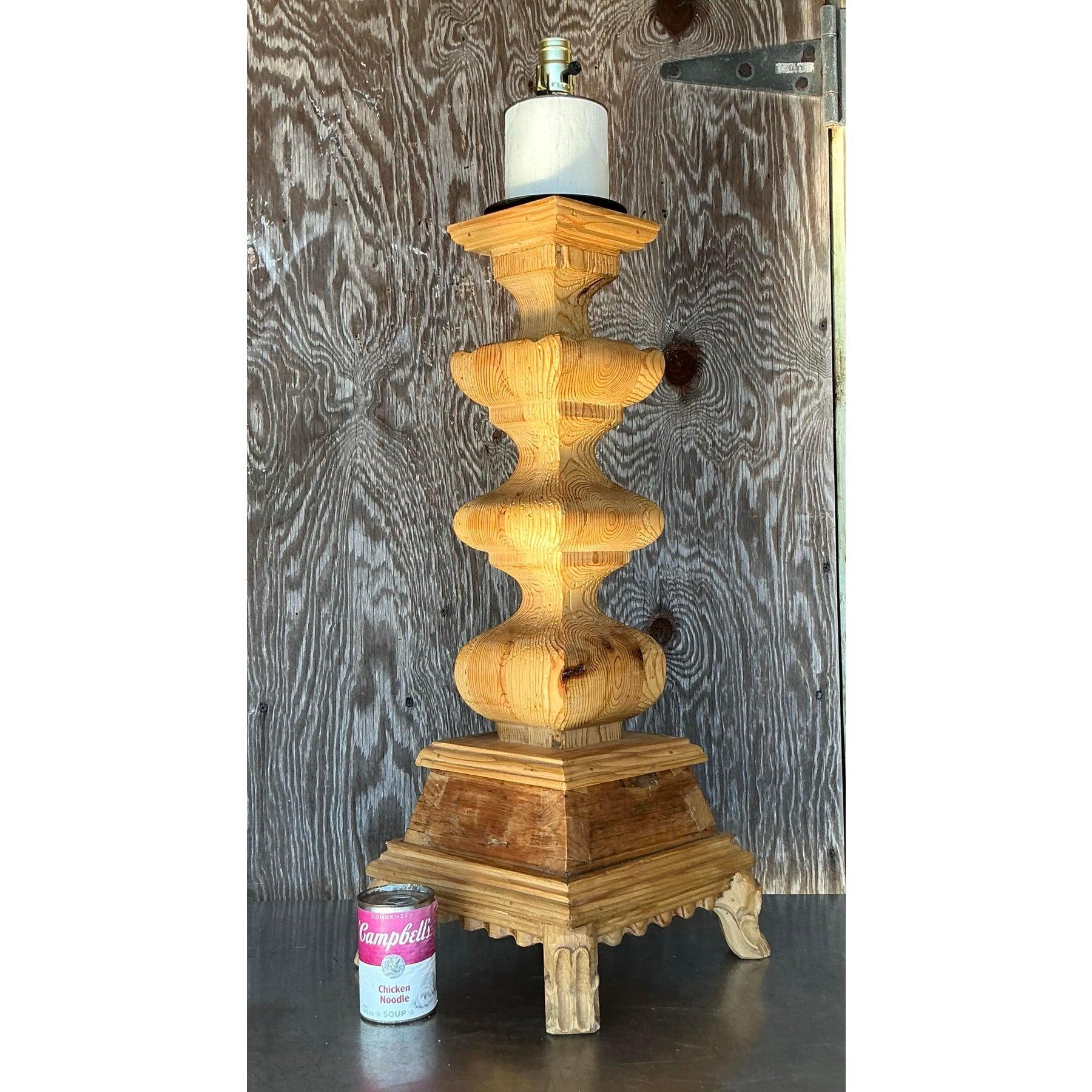 Rustic Vintage Boho Monumental Carved Pillar Lamp For Sale