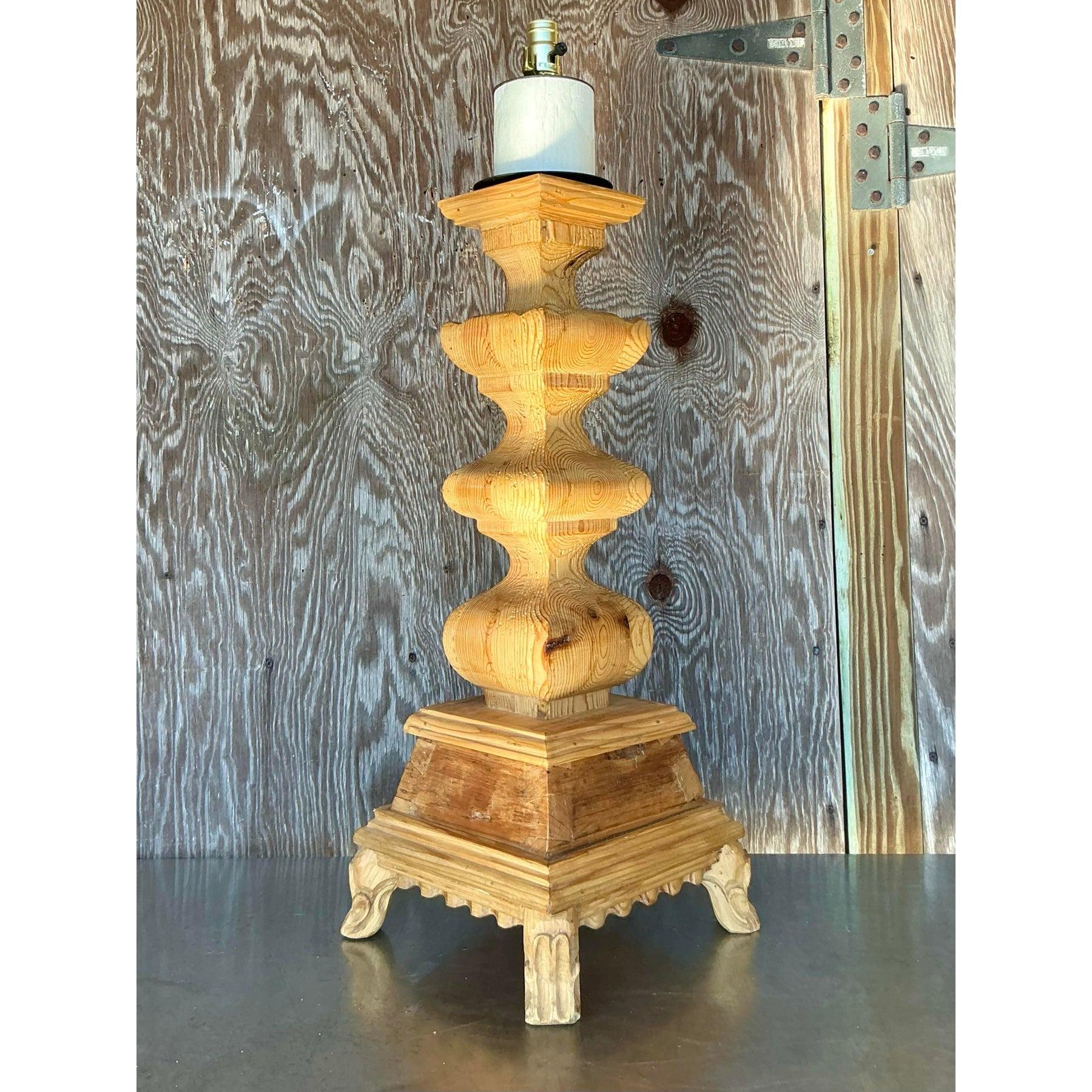 American Vintage Boho Monumental Carved Pillar Lamp For Sale