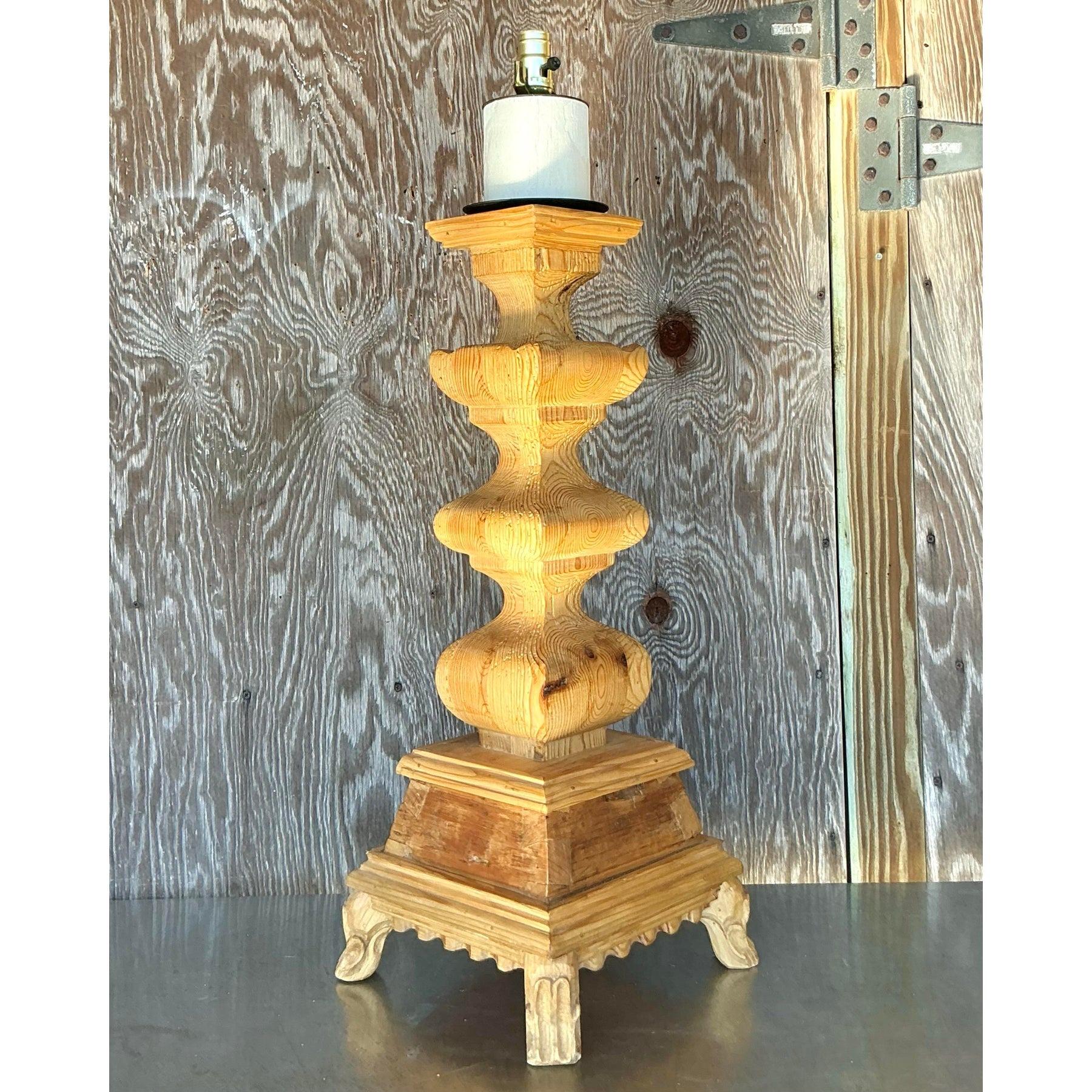 Vintage Boho Monumental Carved Pillar Lamp In Good Condition For Sale In west palm beach, FL