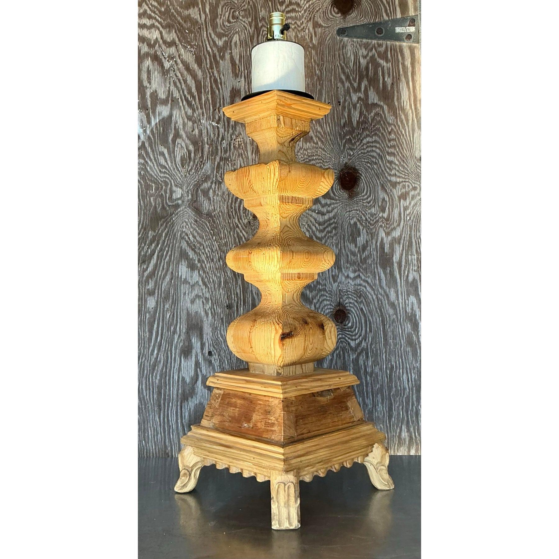Wood Vintage Boho Monumental Carved Pillar Lamp For Sale