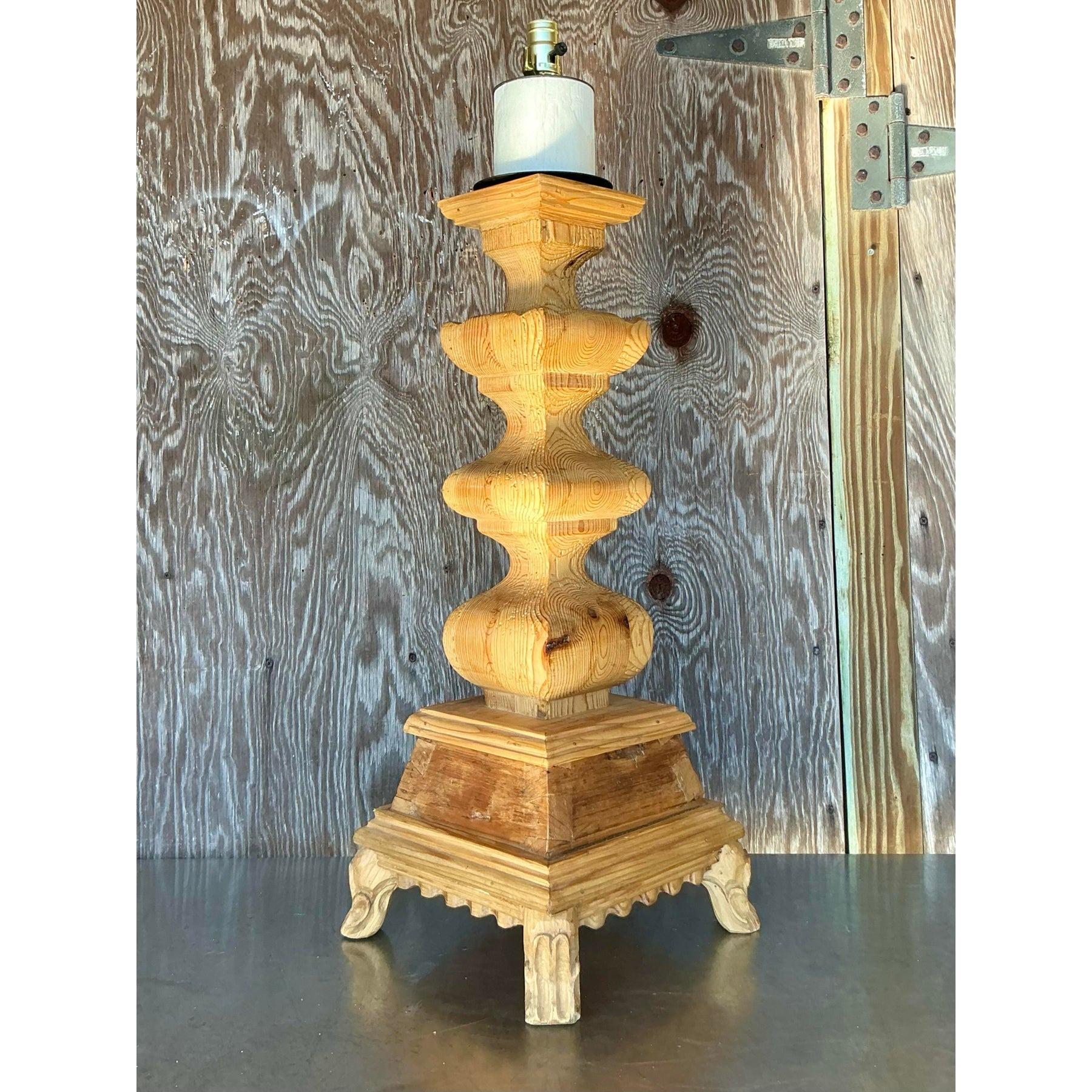 Vintage Boho Monumental Carved Pillar Lamp For Sale 1