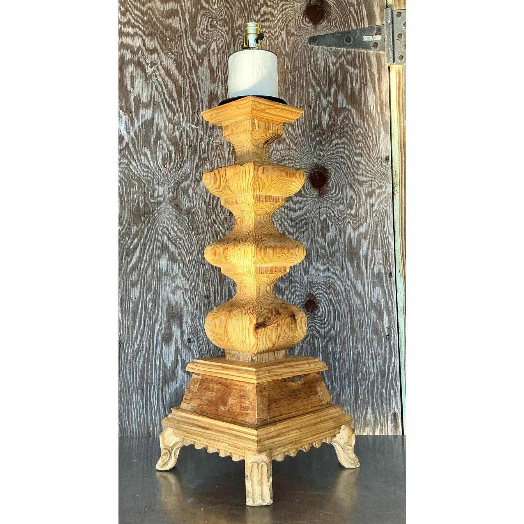 Vintage Boho Monumental Carved Pillar Lamp For Sale 2