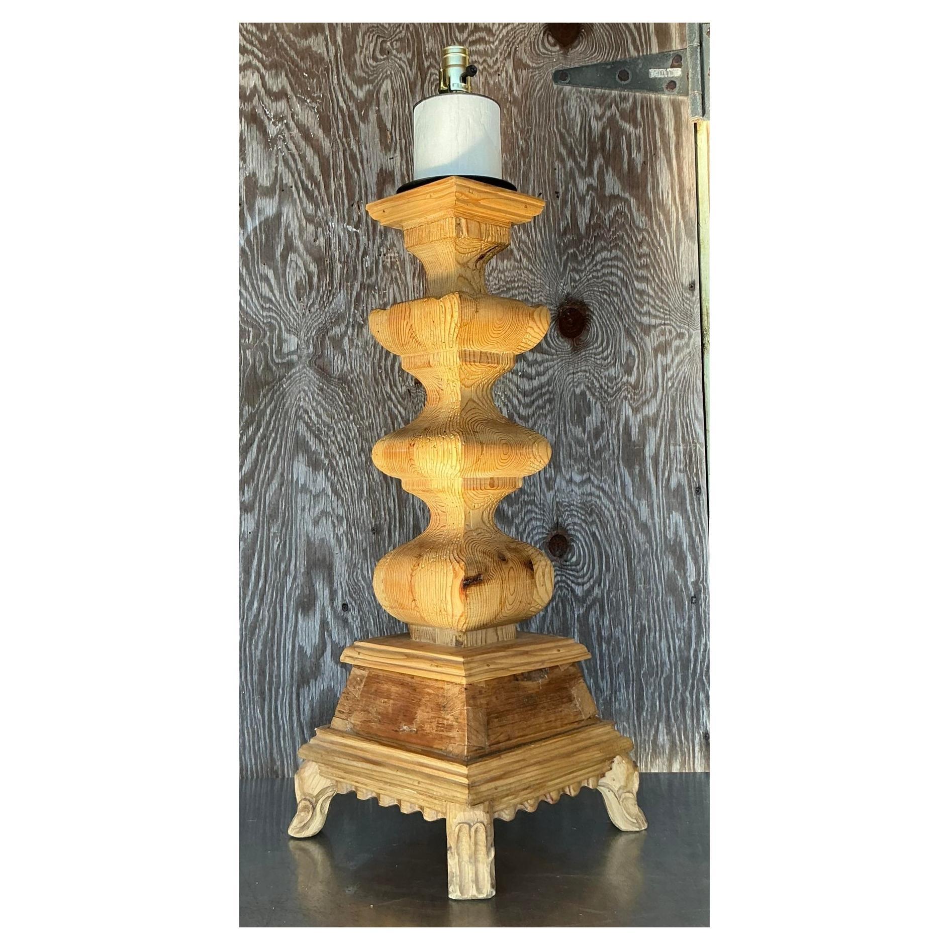 Vintage Boho Monumental Carved Pillar Lamp