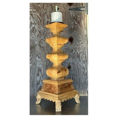 Vintage Boho Monumental Carved Pillar Lamp