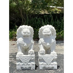 Vintage Boho Monumental Carved Stone Foo Dogs - A Pair