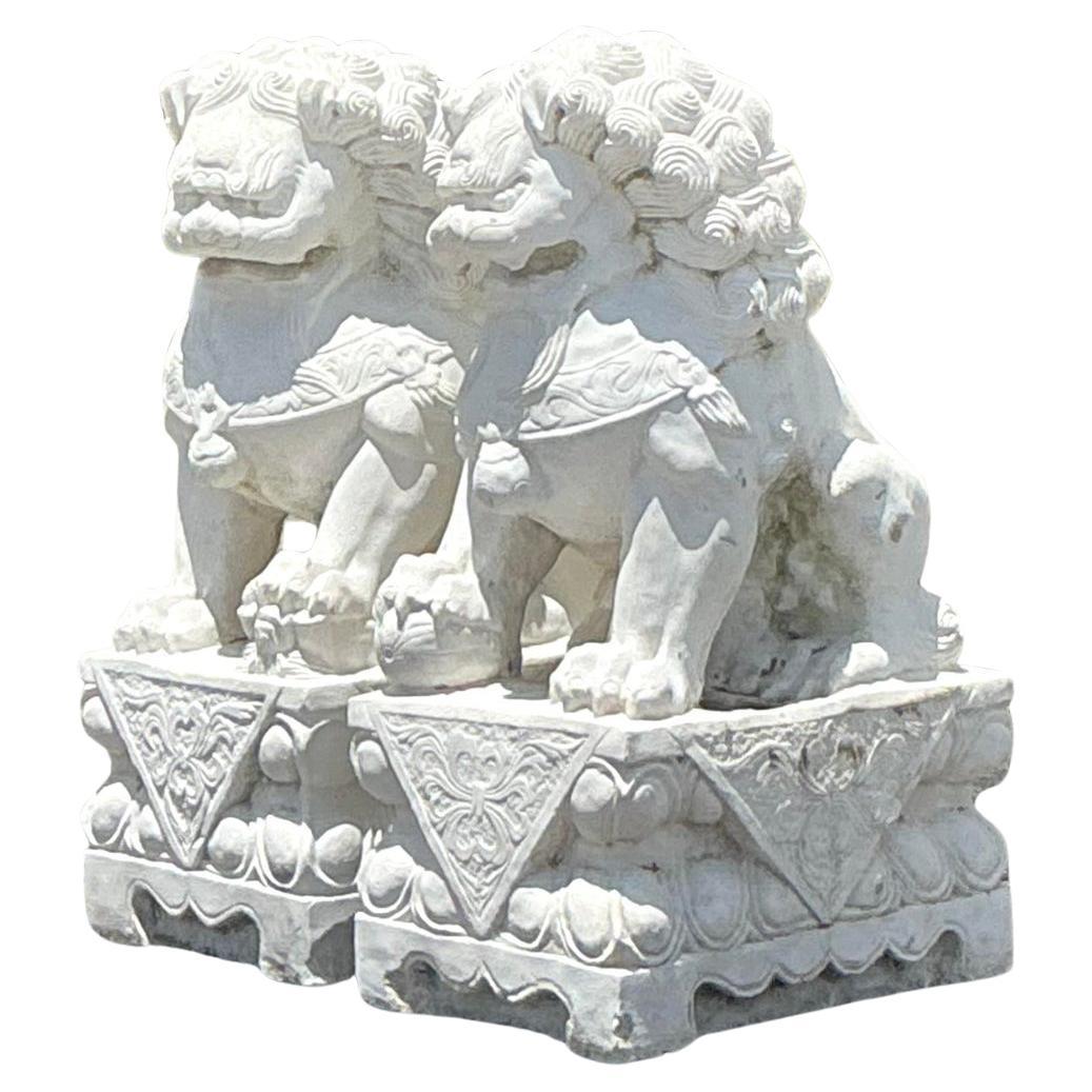 Vintage Boho Monumental Carved Stone Foo Dogs - A Pair