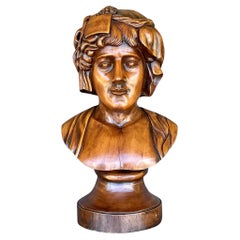 Vintage Boho Monumental Carved Wood Bust of Woman Sculpture