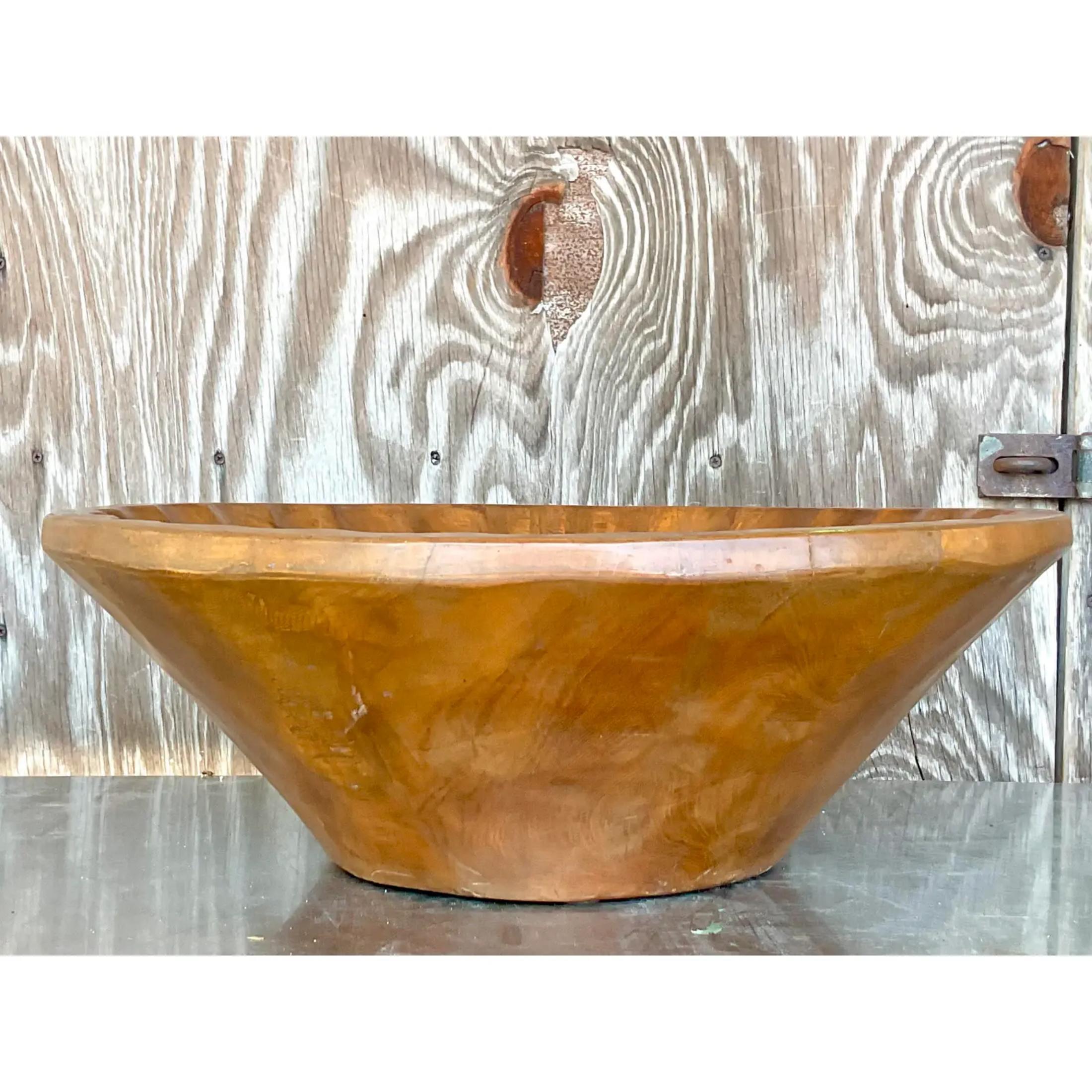Rustic Vintage Boho Monumental Carved Wooden Bowl For Sale