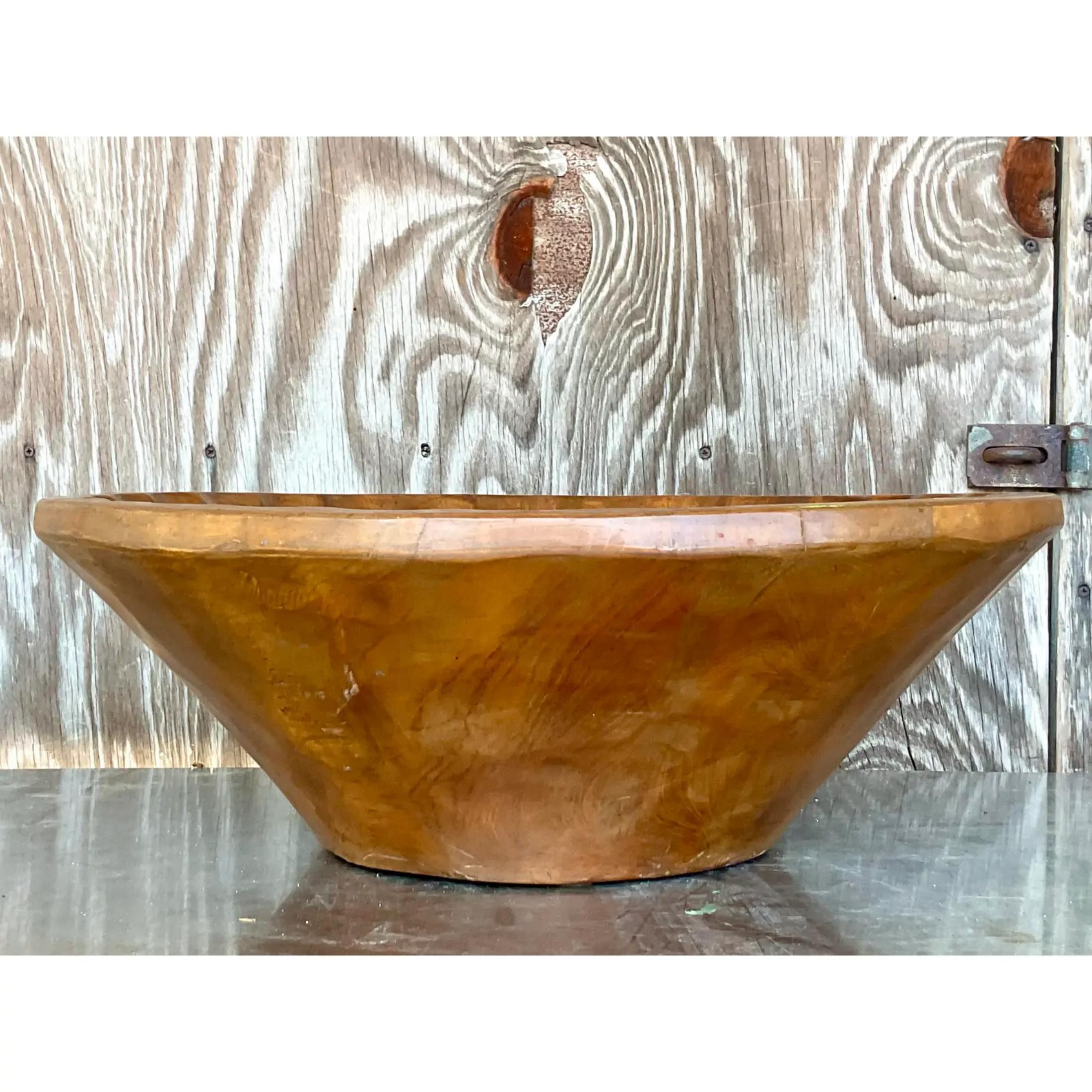 Vintage Boho Monumental Carved Wooden Bowl In Good Condition For Sale In west palm beach, FL