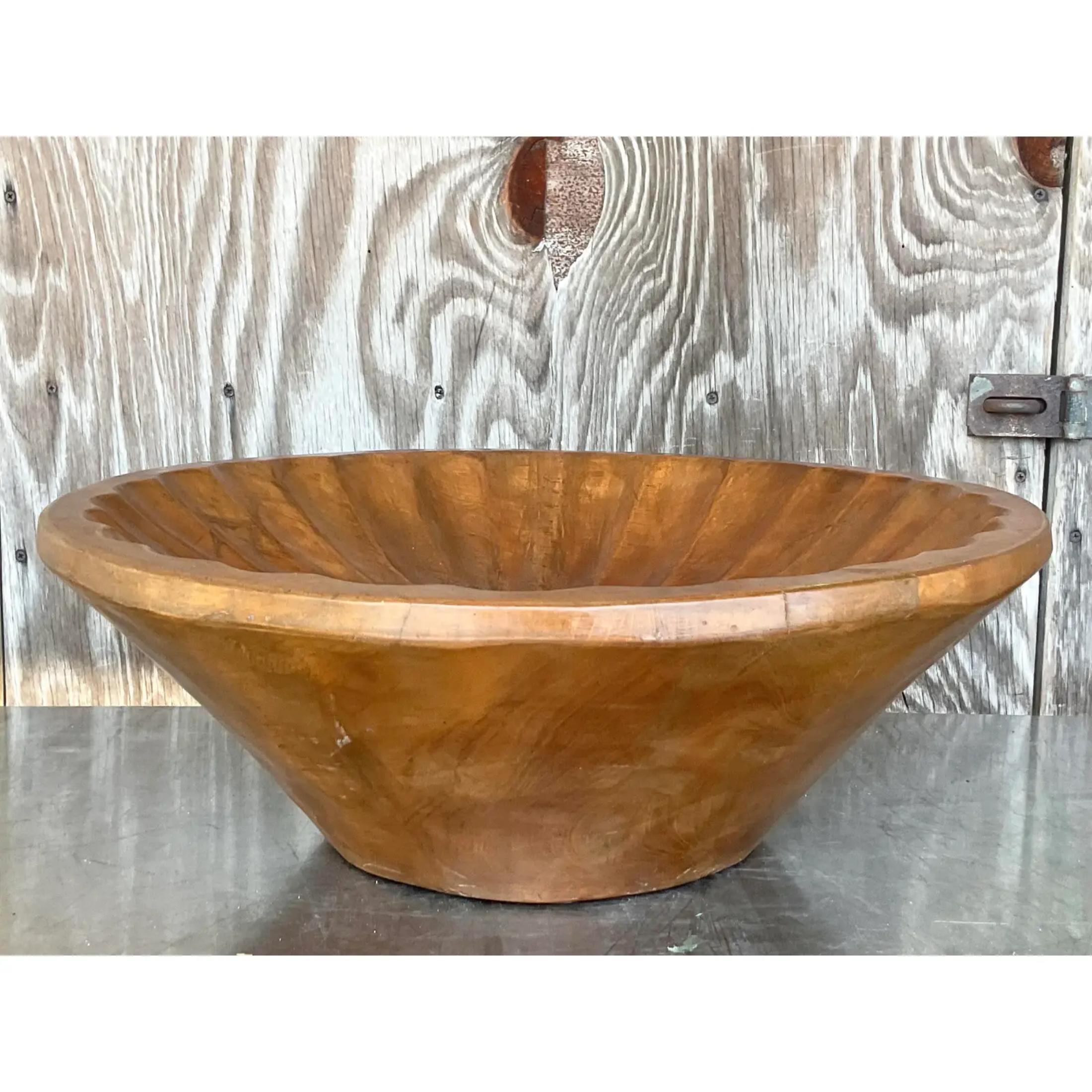 Contemporary Vintage Boho Monumental Carved Wooden Bowl For Sale