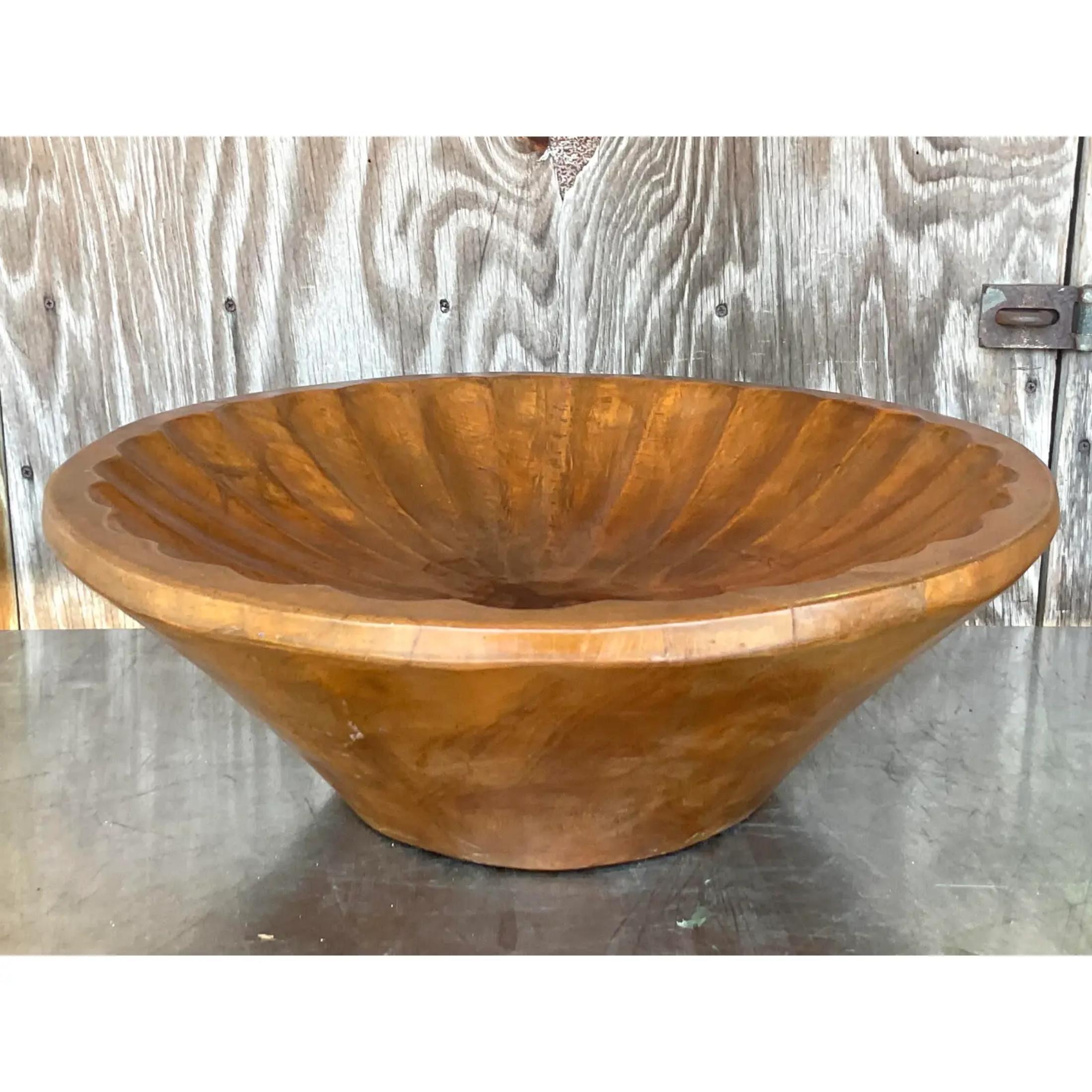 Vintage Boho Monumental Carved Wooden Bowl For Sale 1