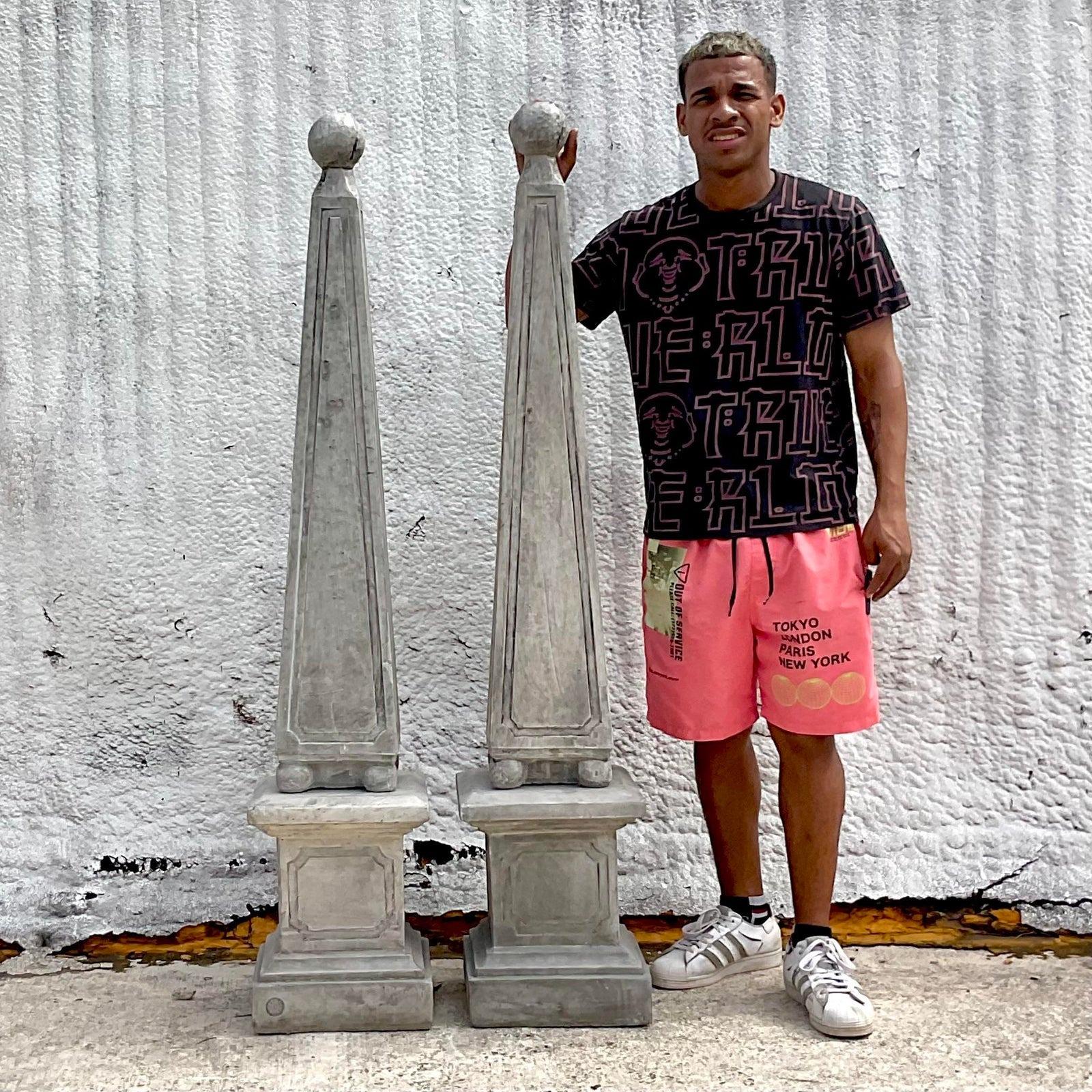 American Vintage Boho Monumental Cast Concrete Obelisk - a Pair